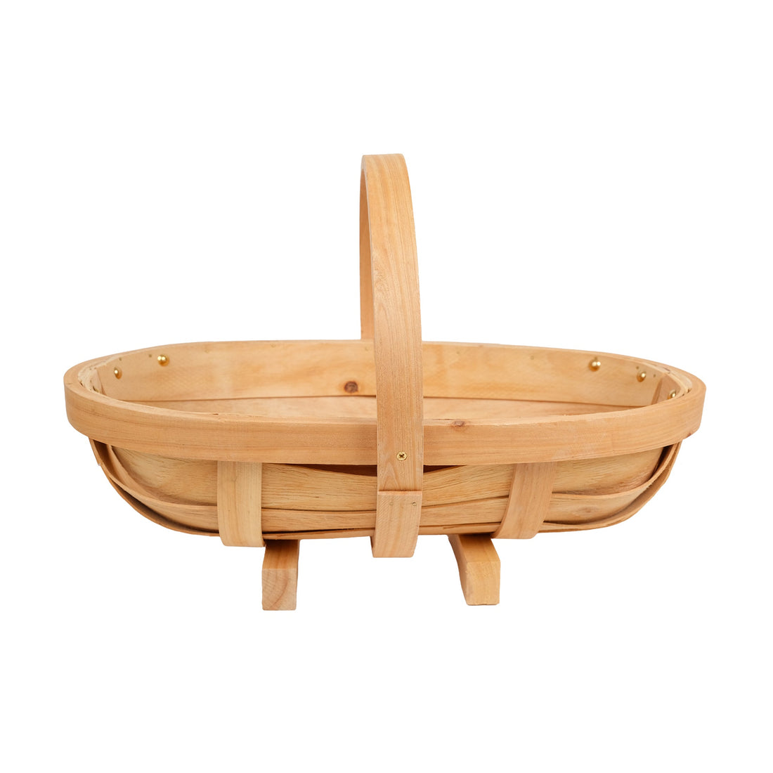 A medium sized, traditional, wooden garden trug.