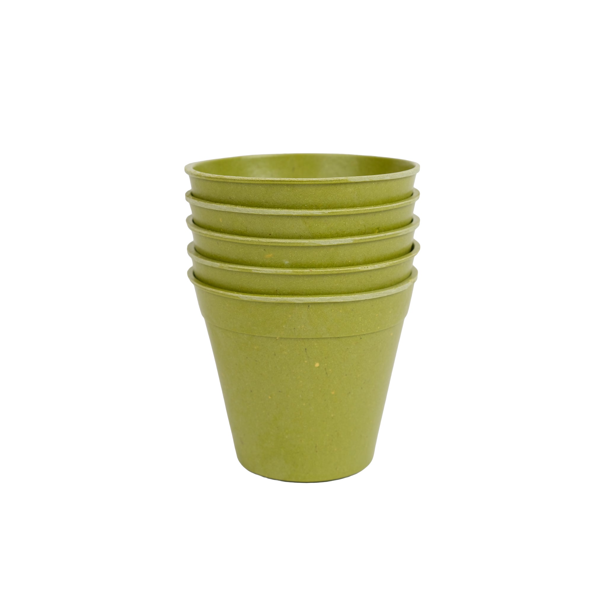 Pack of five bamboo plant pots in sage green colour.