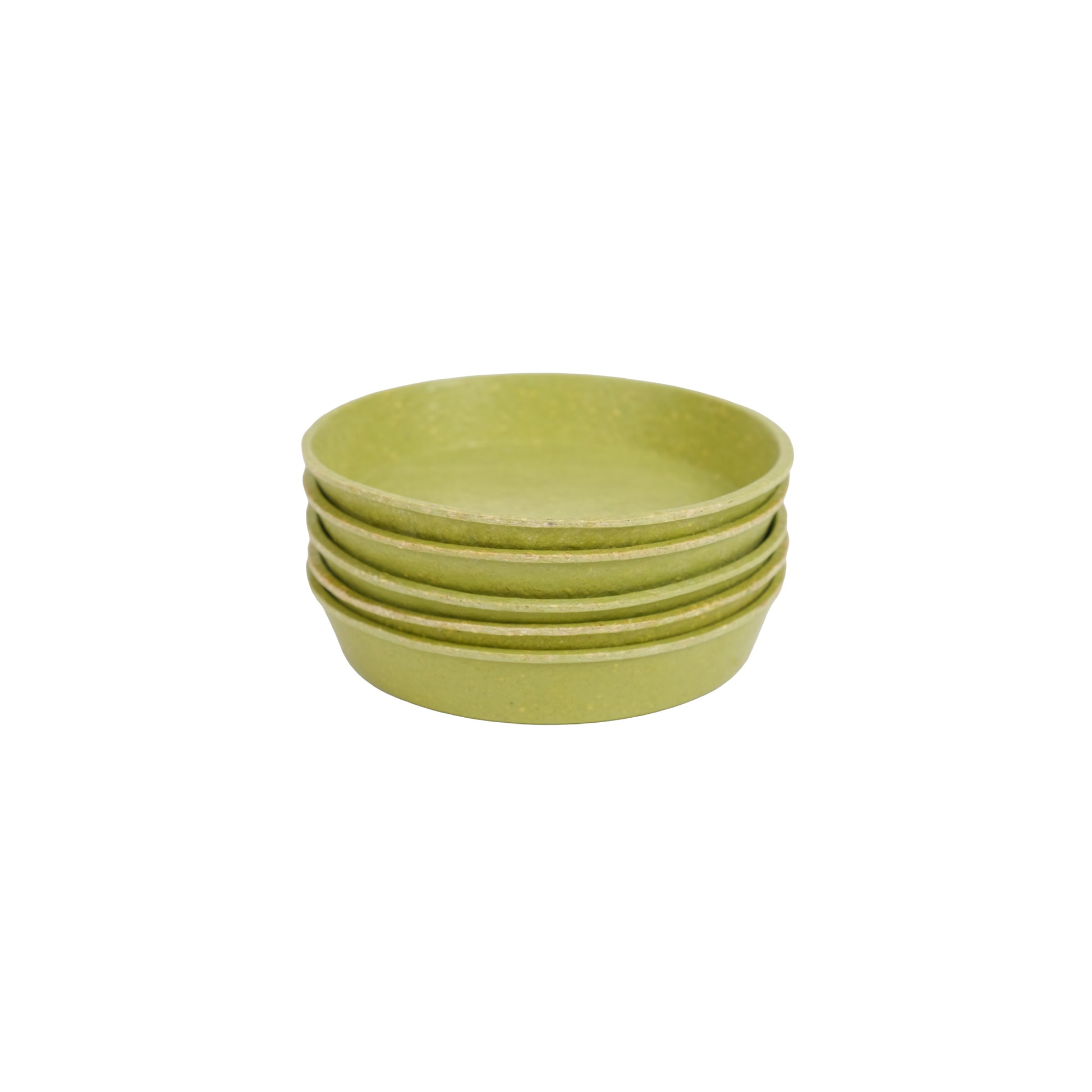 Pack of five bamboo plant pot saucers in sage green colour.