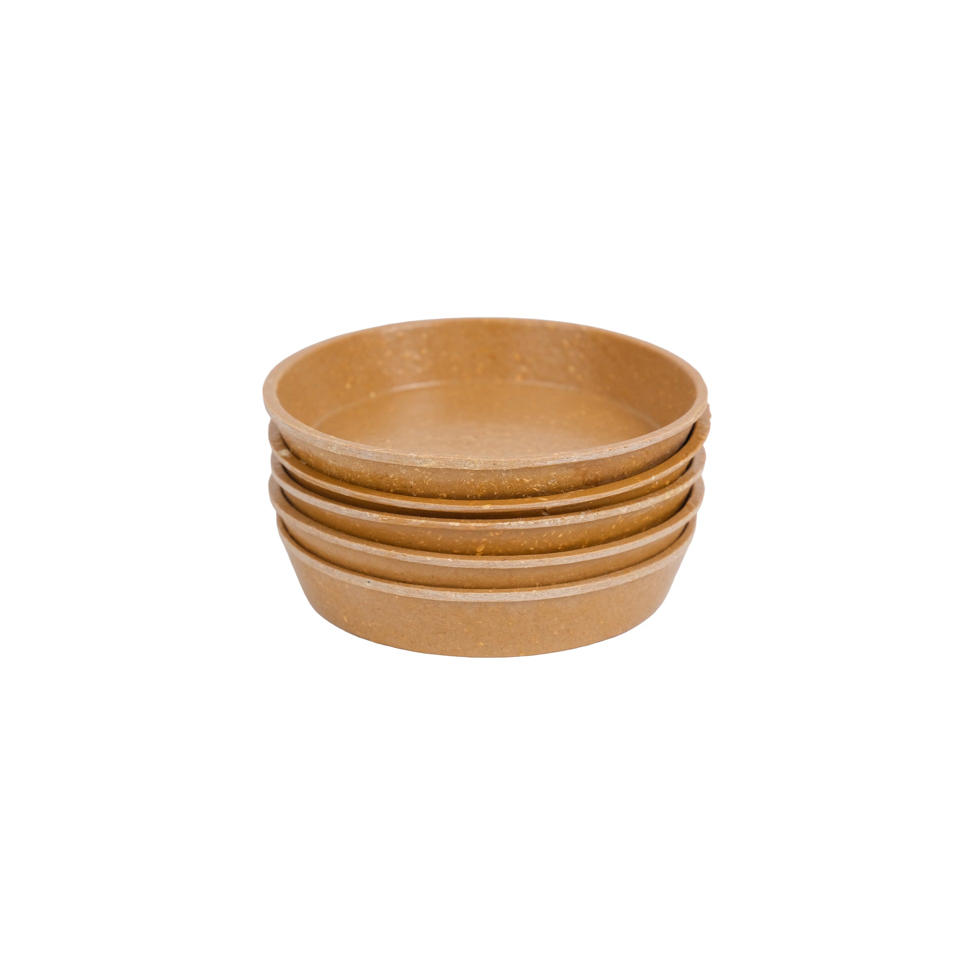 Pack of five bamboo plant pot saucers in terracotta colour.