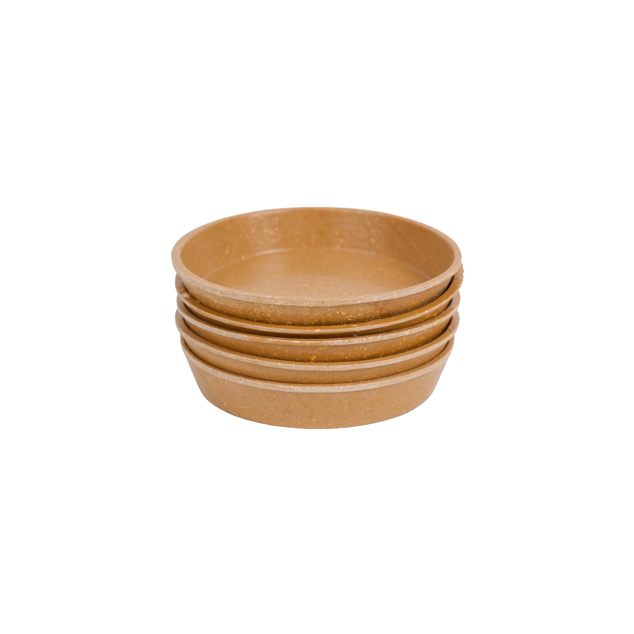Pack of five bamboo plant pot saucers in terracotta colour.