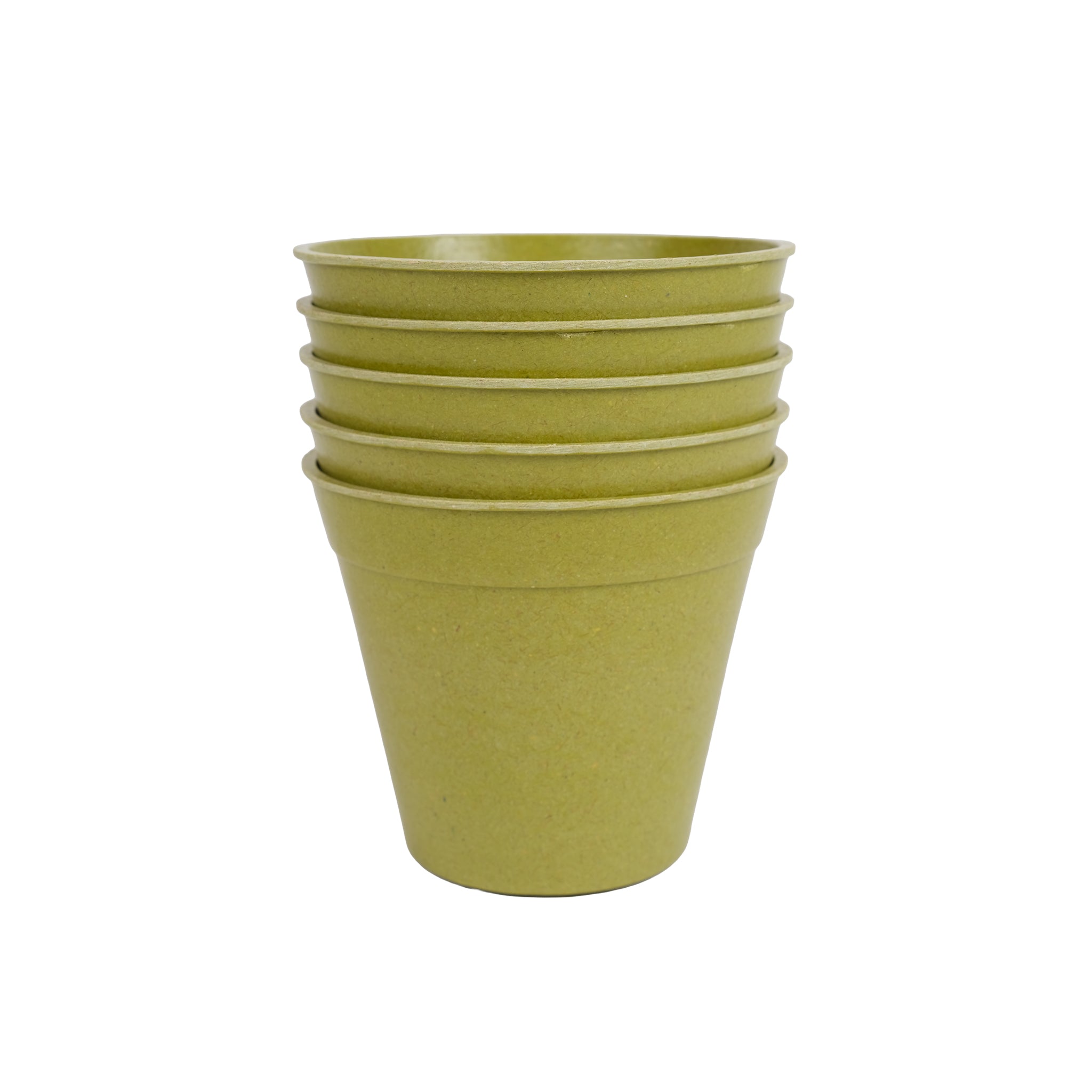 Pack of five bamboo plant pots in sage green colour.