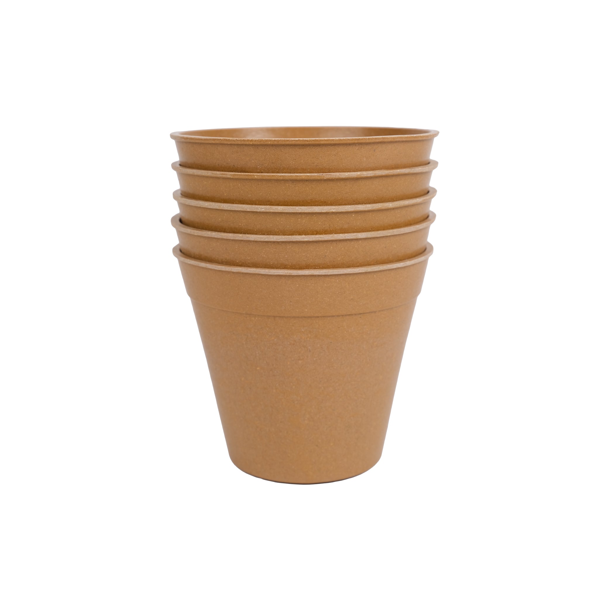 Pack of five bamboo plant pots in terracotta colour.