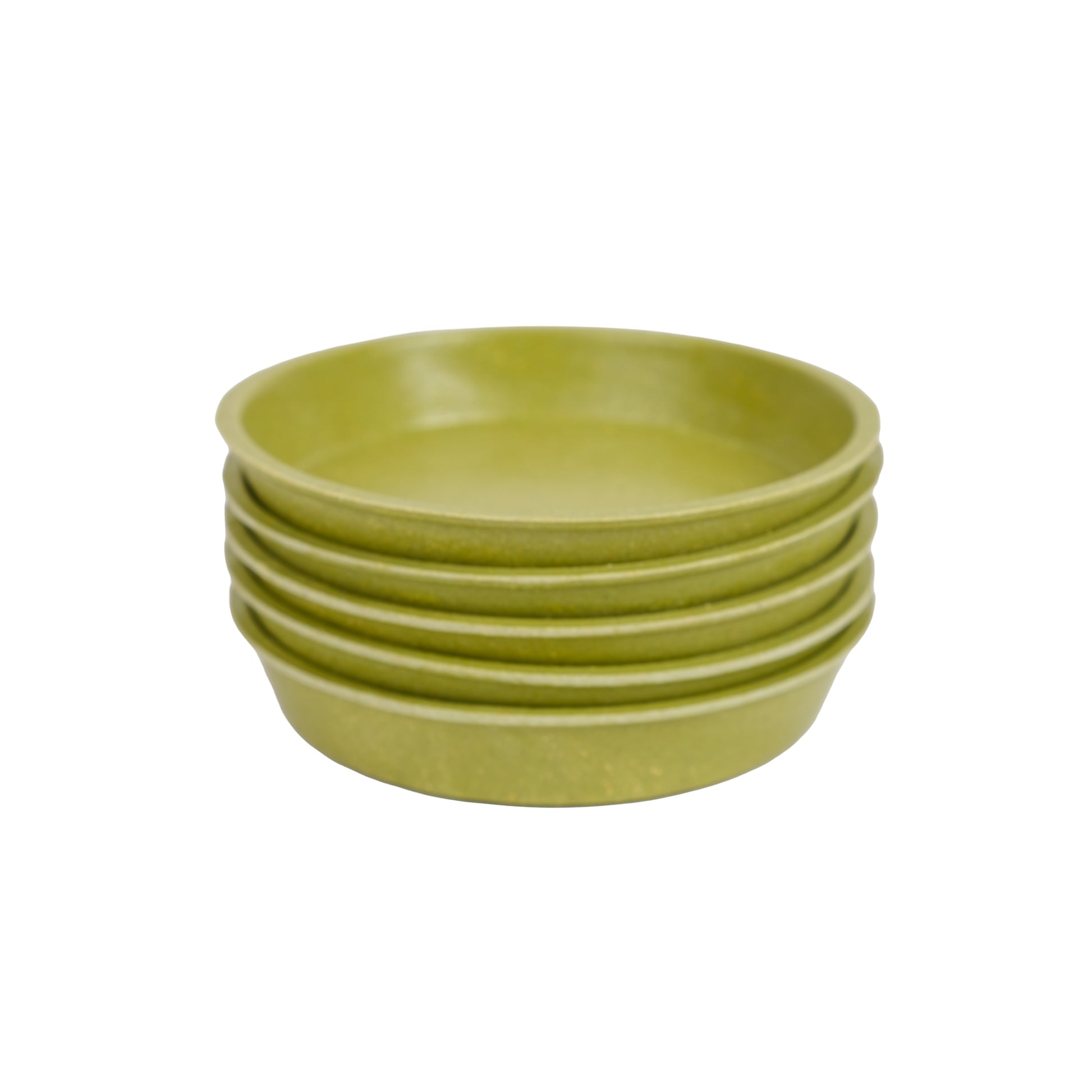 Pack of five bamboo plant pot saucers in sage green colour.