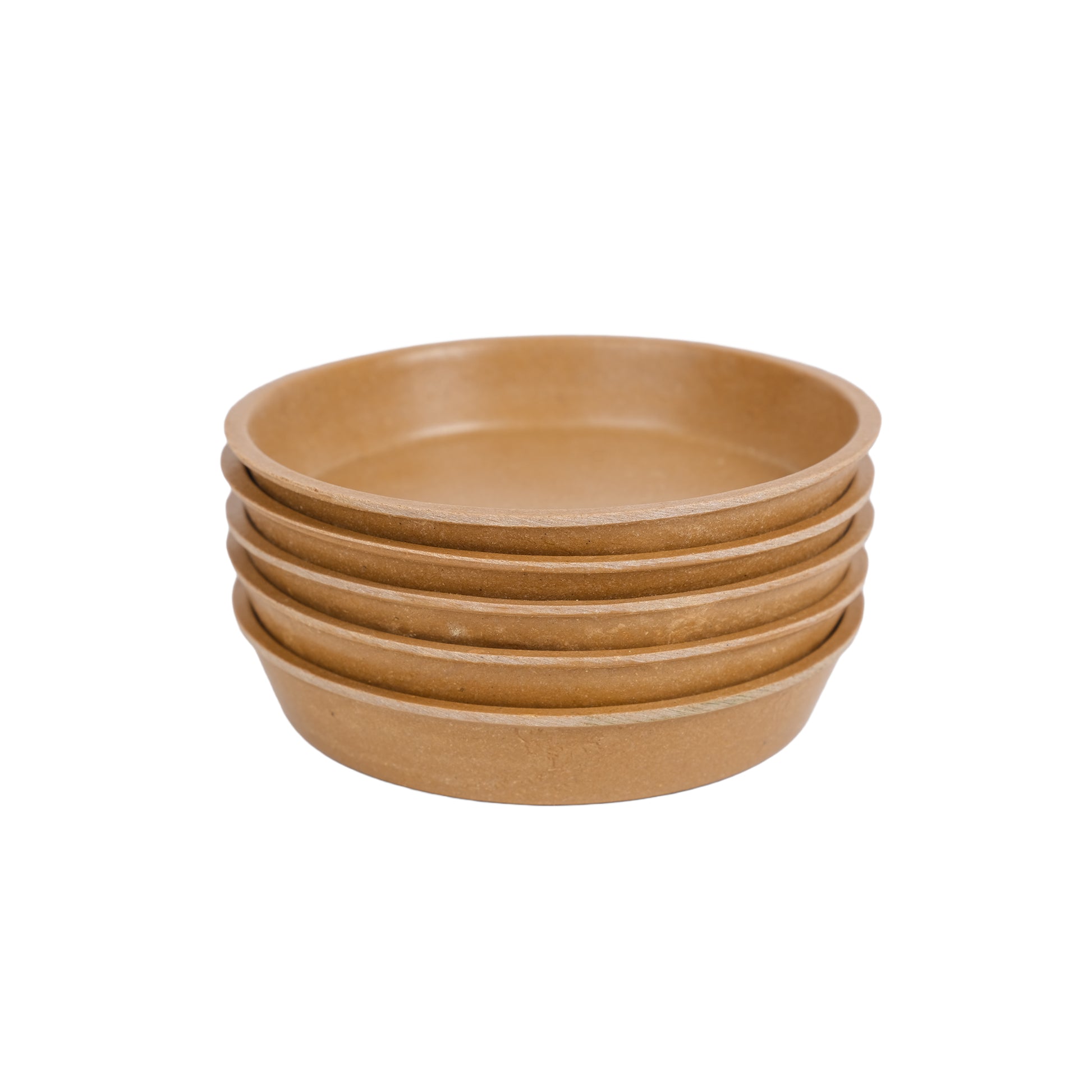 Pack of five bamboo plant pot saucers in terracotta colour.