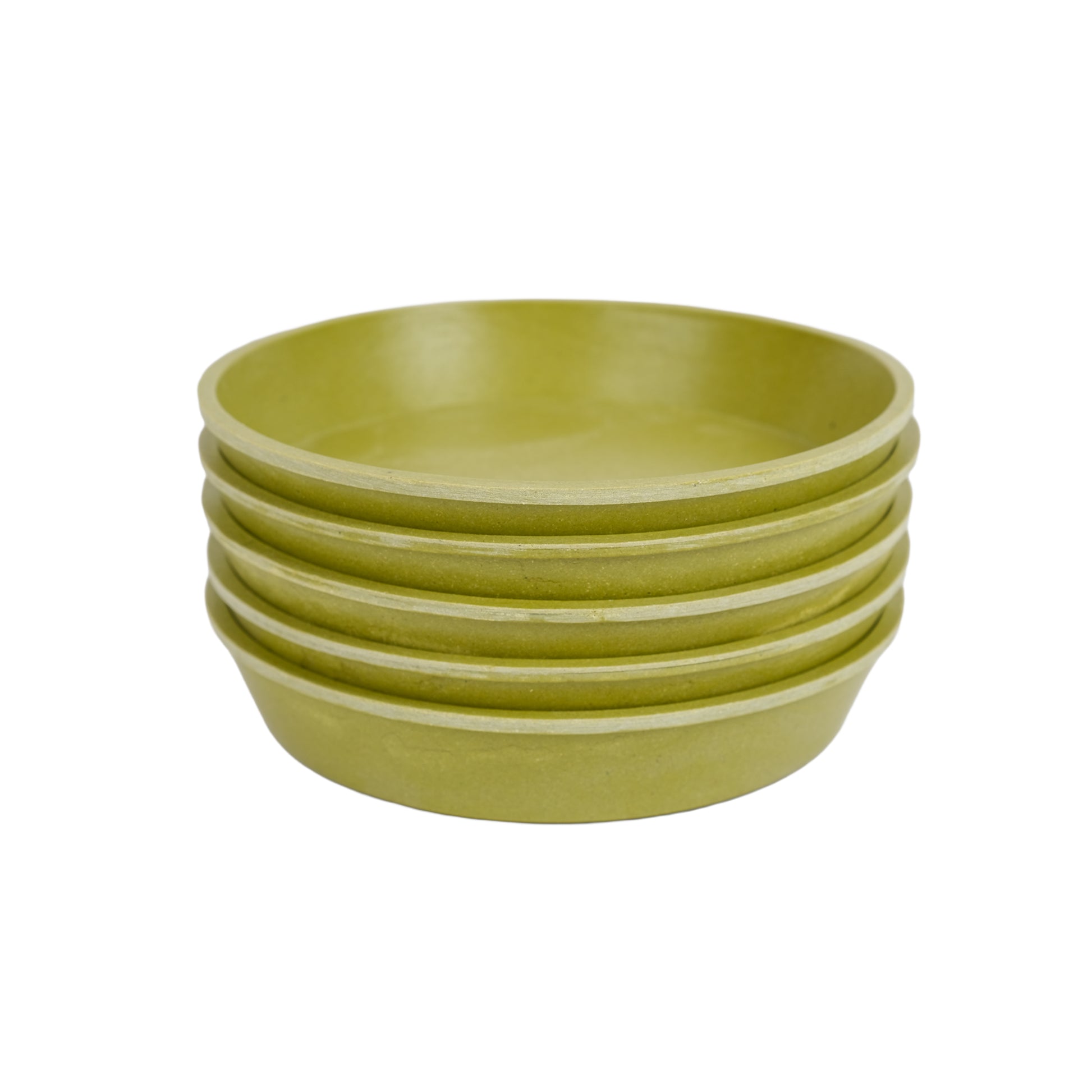 Pack of five bamboo plant pot saucers in sage green colour.