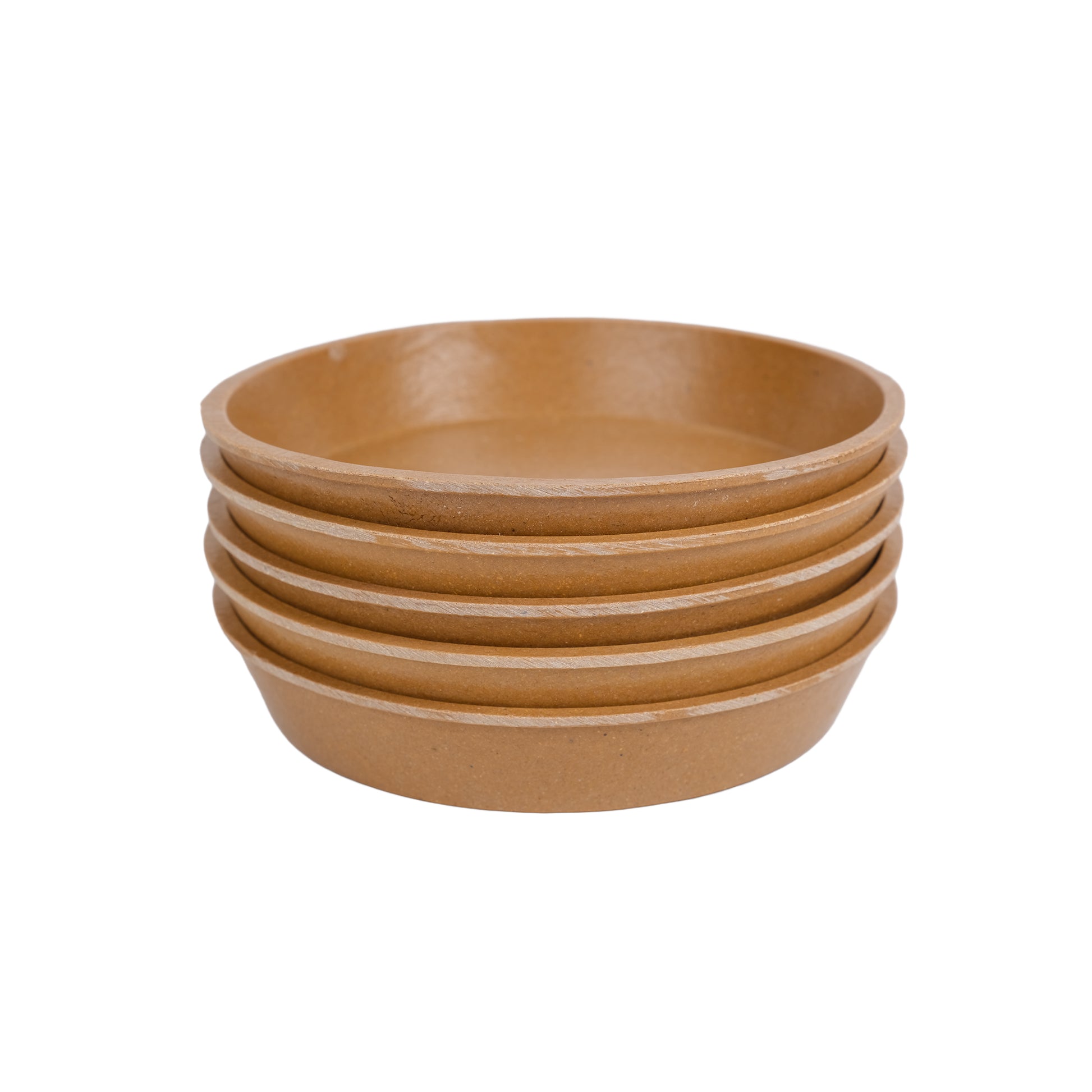 Pack of five bamboo plant pot saucers in terracotta colour.