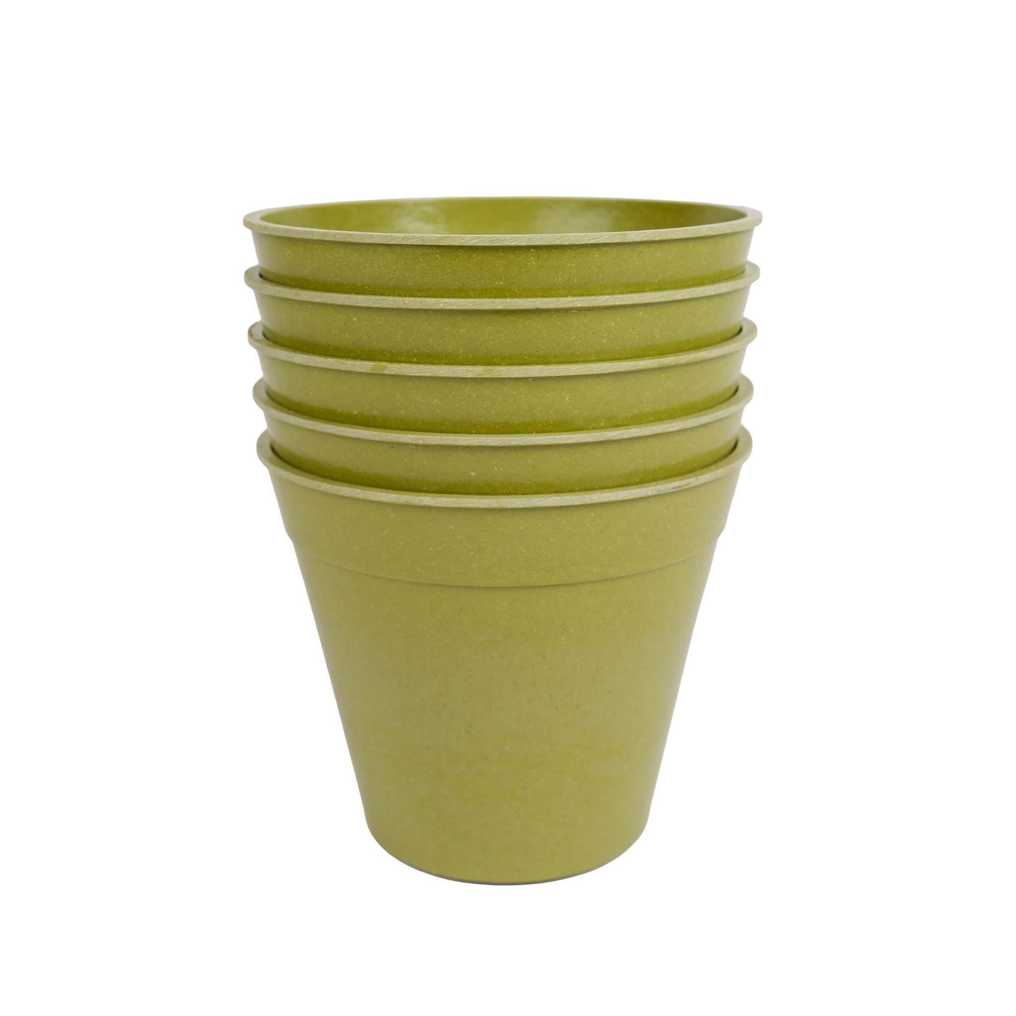 Pack of five bamboo plant pots in sage green colour.