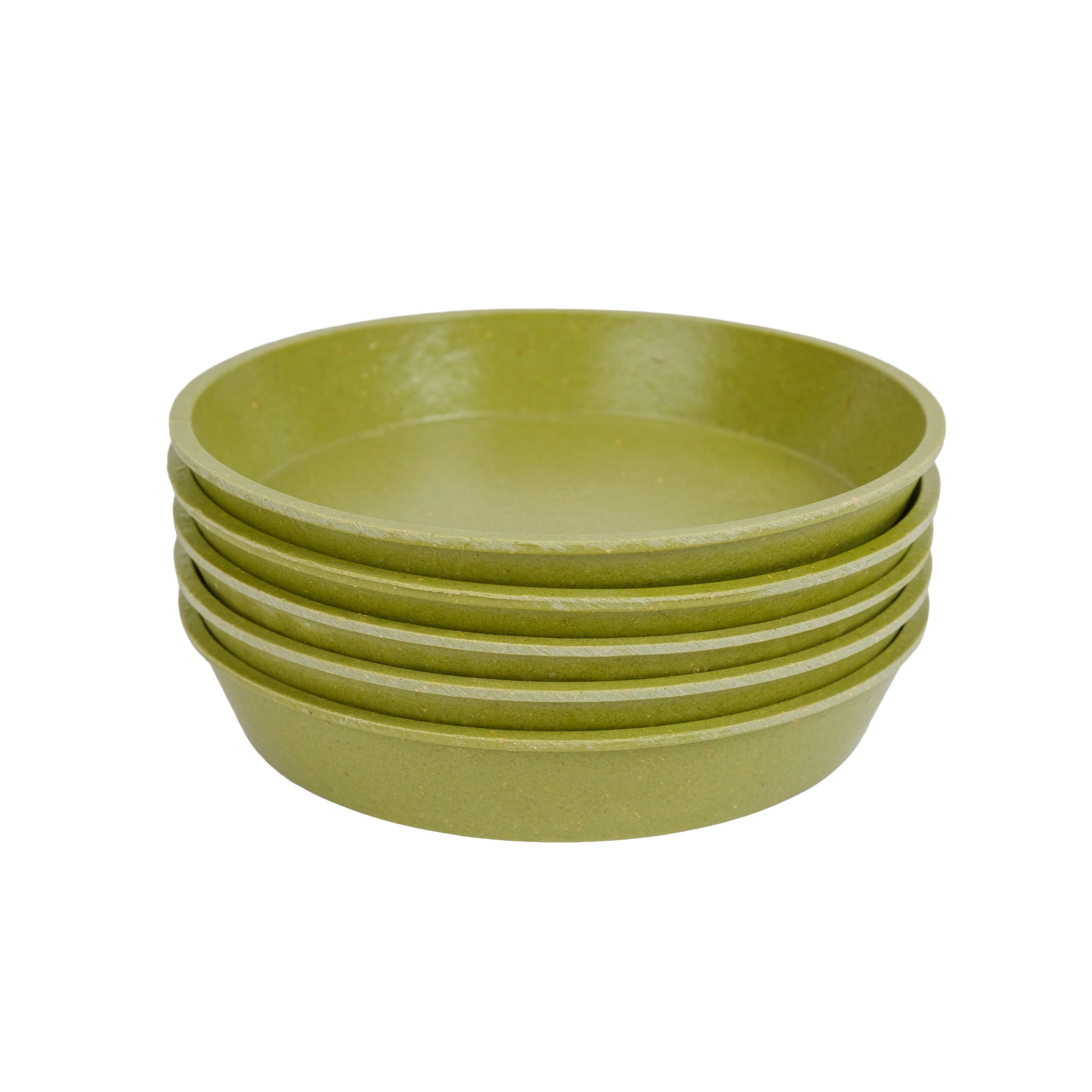 Pack of five bamboo plant pot saucers in sage green colour.