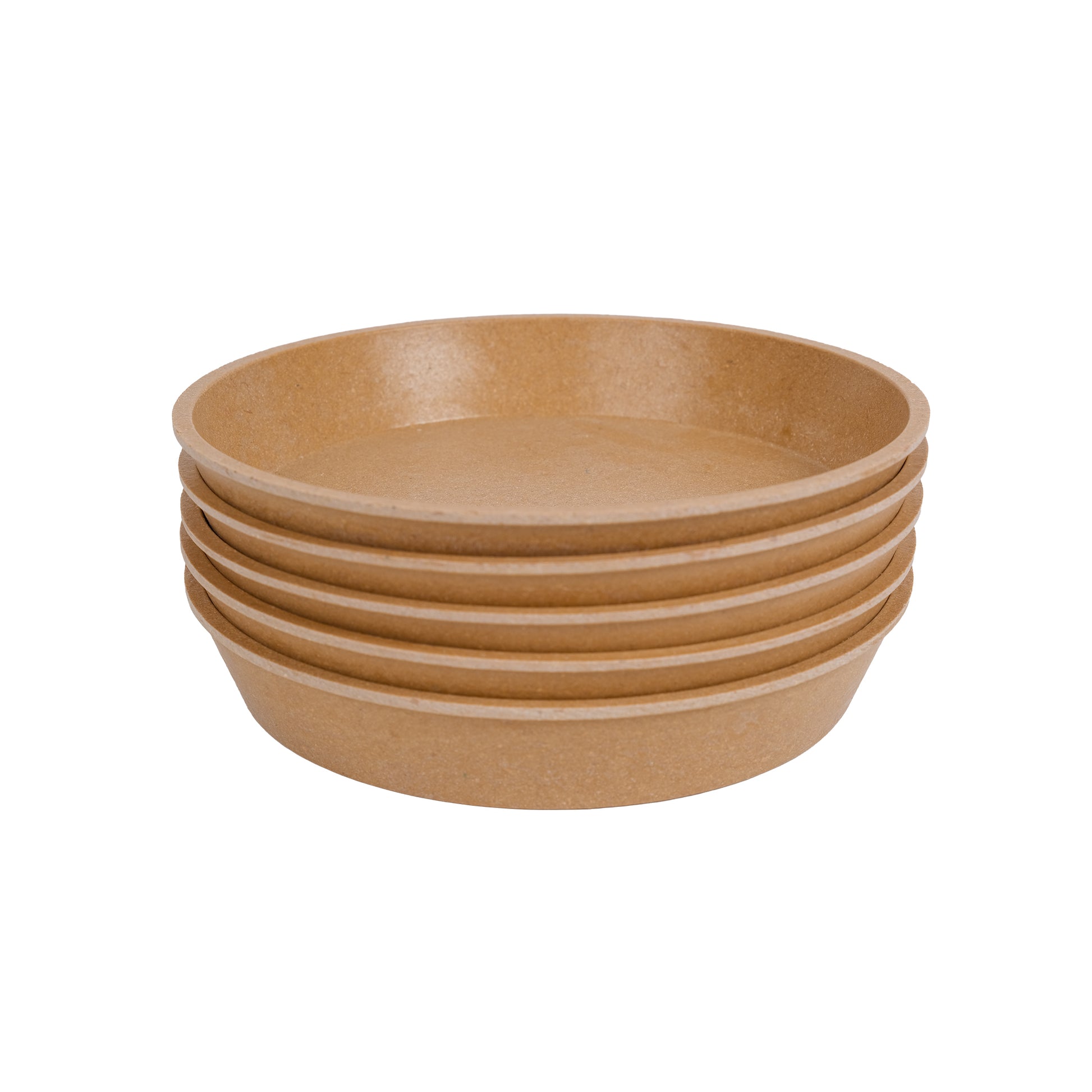 Pack of five bamboo plant pot saucers in terracotta colour.