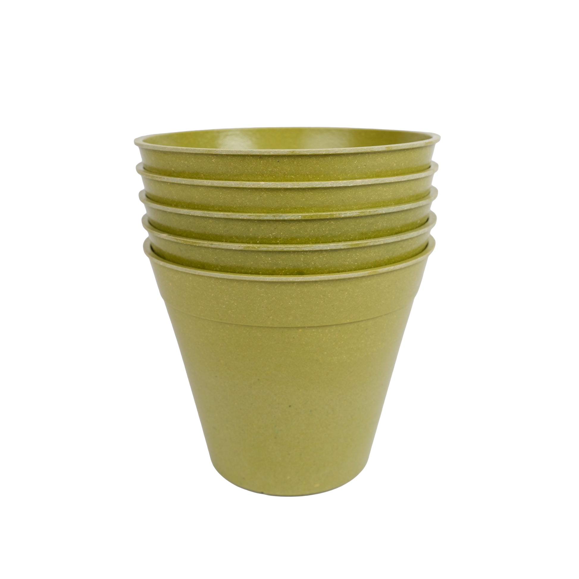 Pack of five bamboo plant pots in sage green colour.