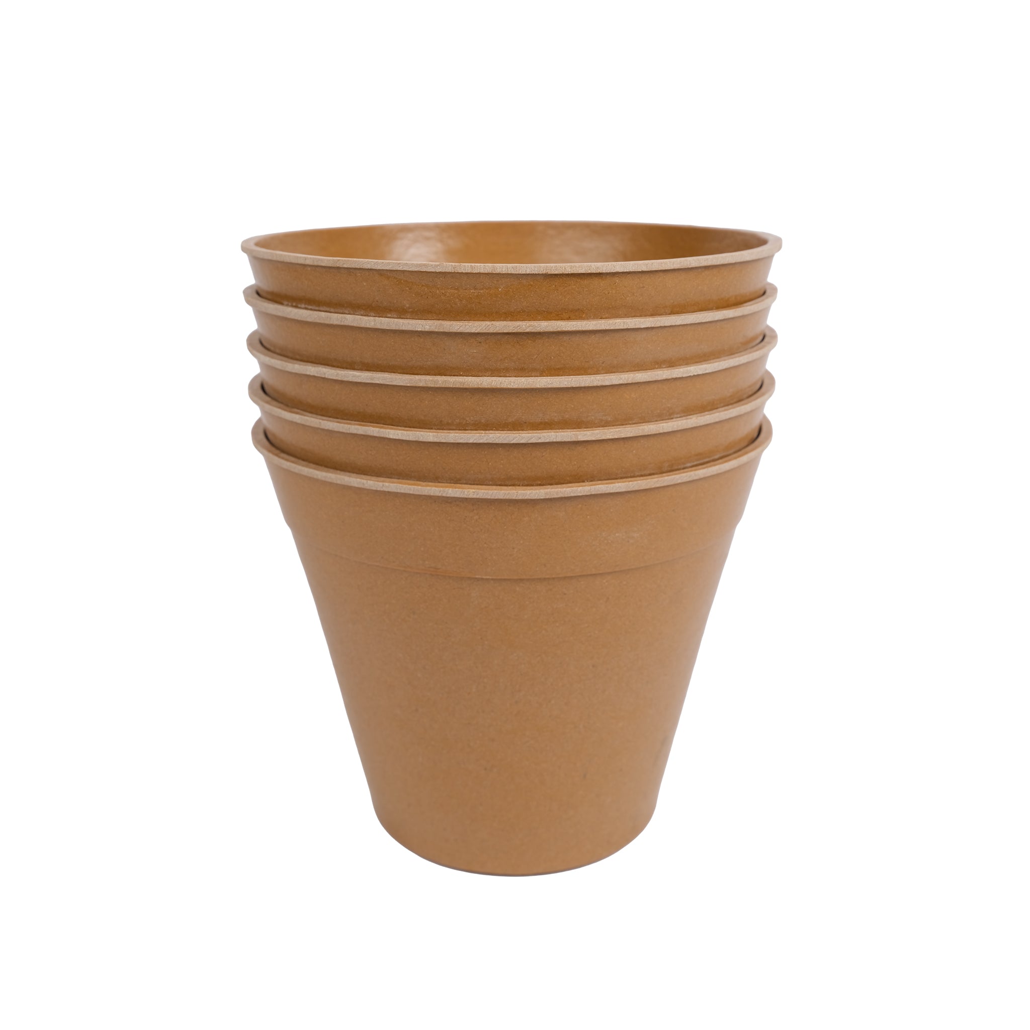 Pack of five bamboo plant pots in terracotta colour.