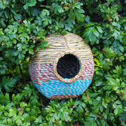 Fair trade, large, rounded artisan bird nester made from recycled saris and natural hogla grass.