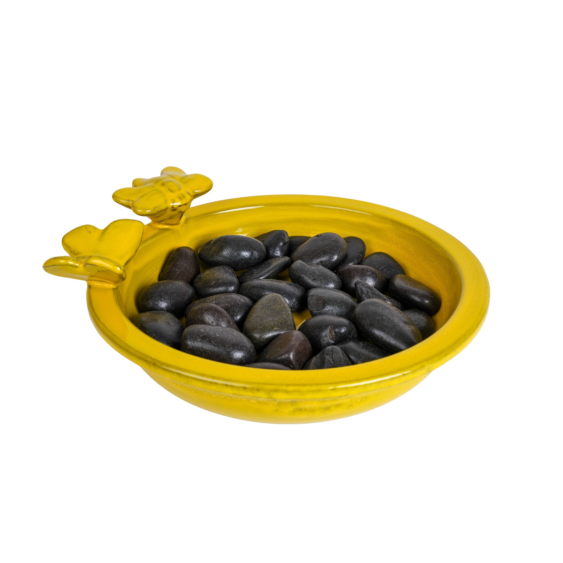 Ceramic yellow bee and butterfly bath filled with black pebbles and with two ceramic insects on the rim of the bath.