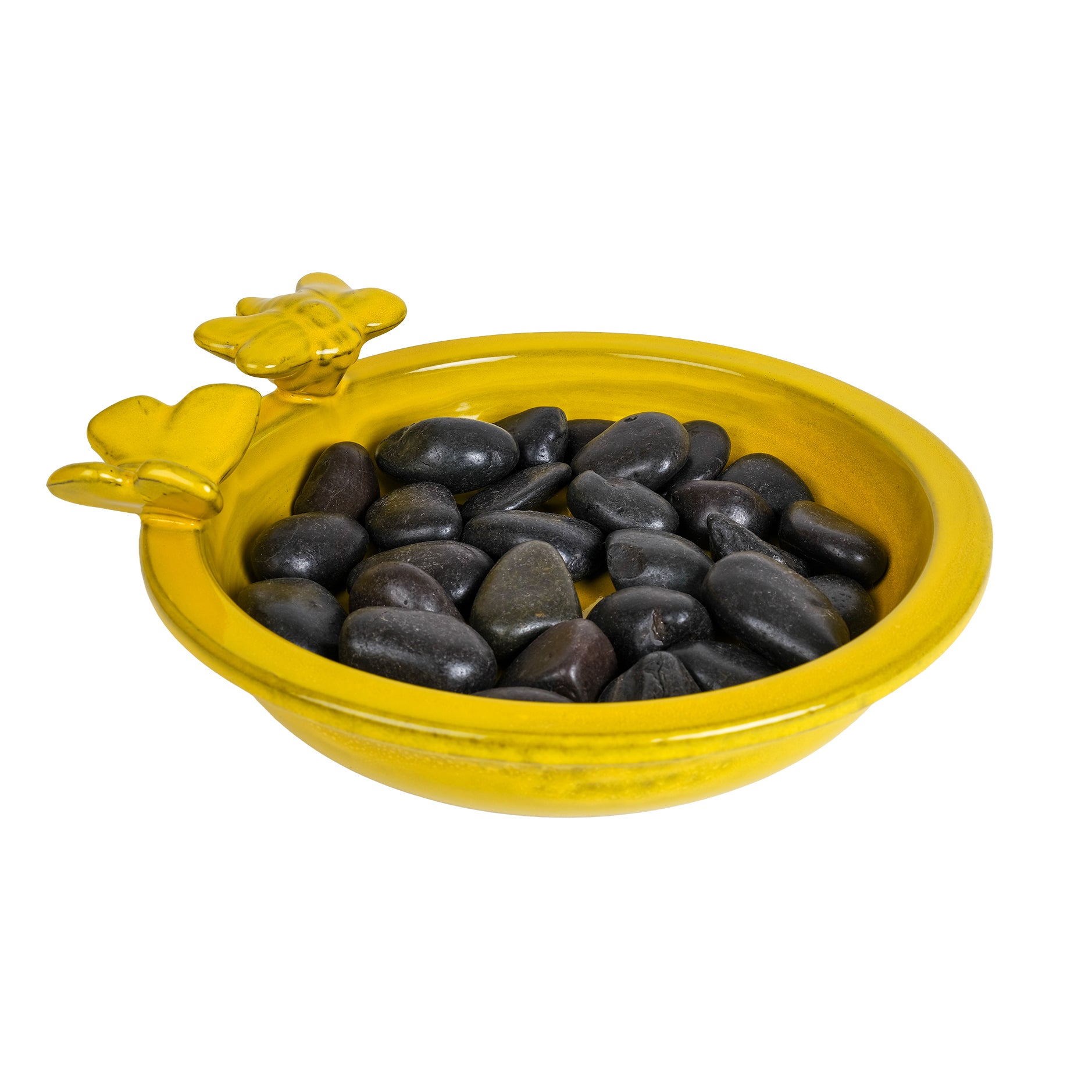 Yellow bee and butterfly bath filled with pebbles.