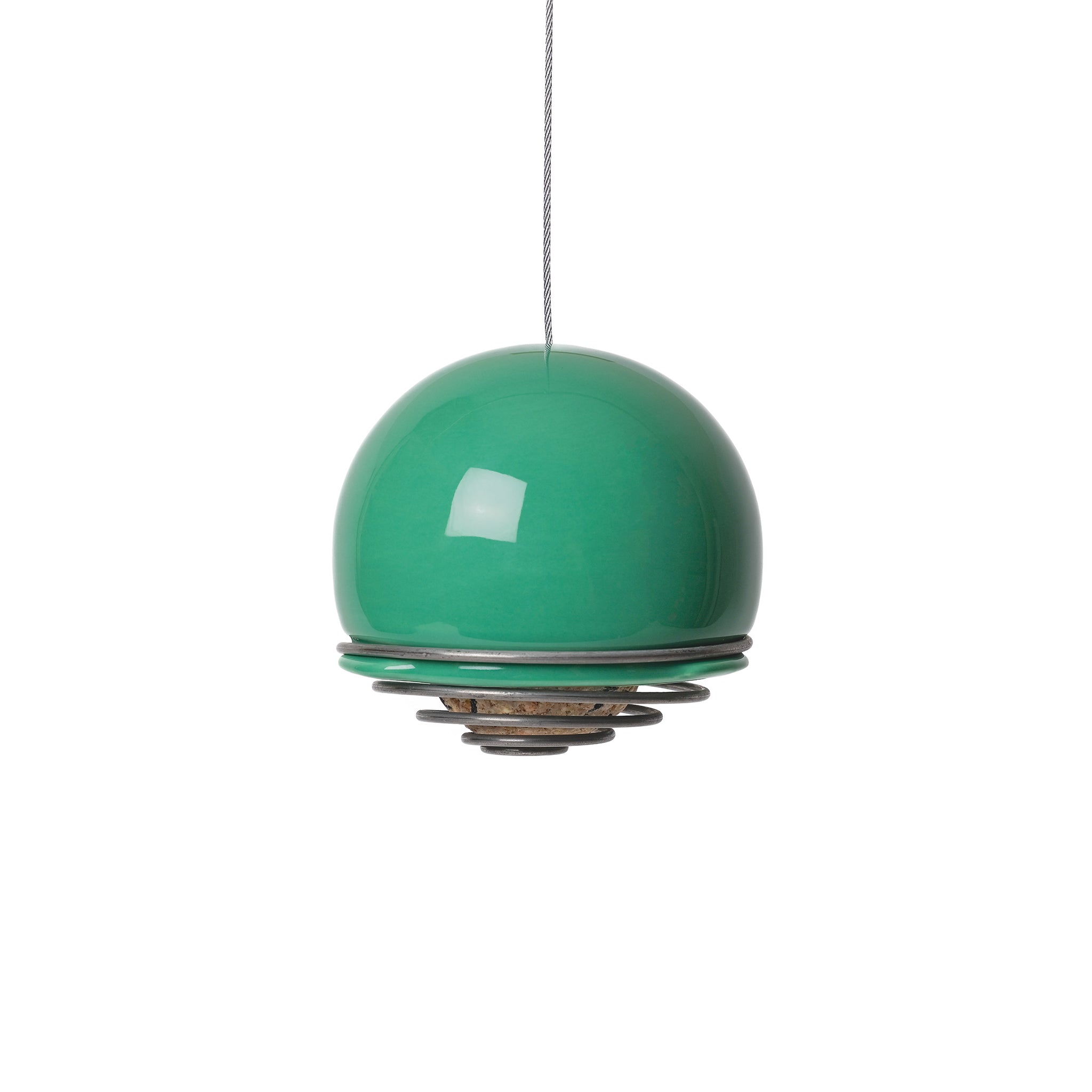 Hanging ceramic Birdball Belle bird feeder in green with a coiled wire single suet ball holder at its base.