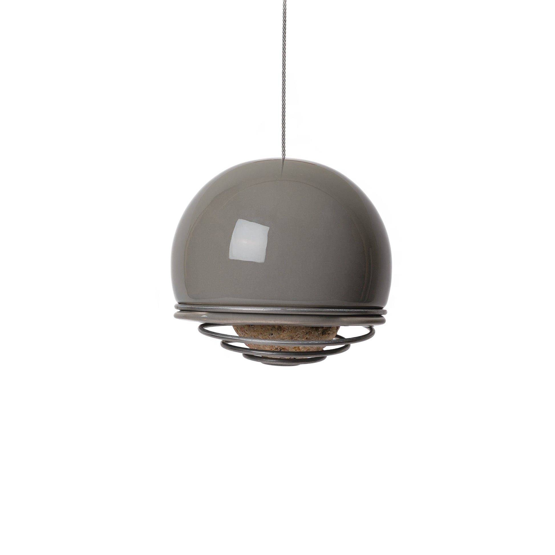 Hanging ceramic Birdball Belle bird feeder in grey with a coiled wire single suet ball holder at its base.