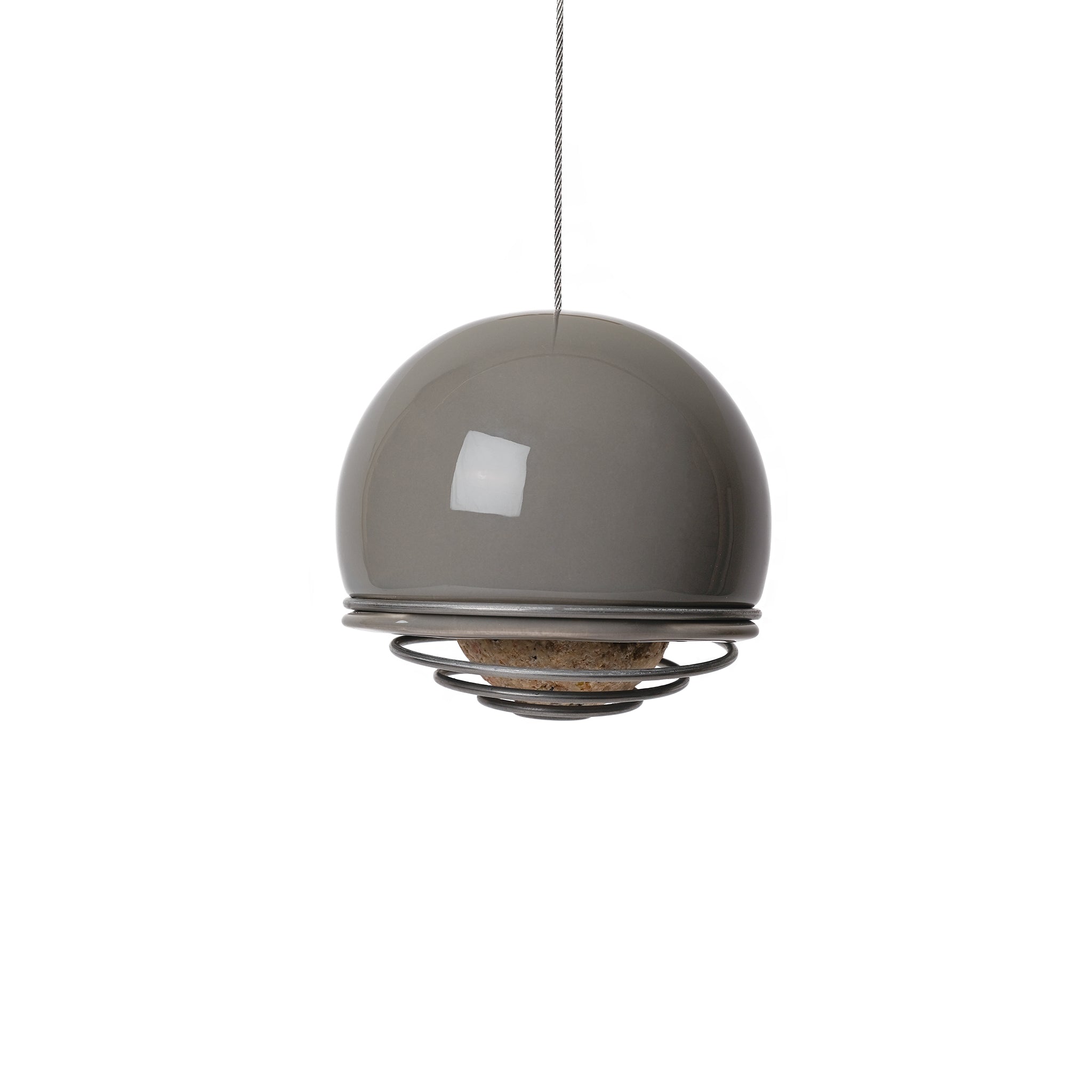 Hanging ceramic Birdball Belle bird feeder in grey with a coiled wire single suet ball holder at its base.