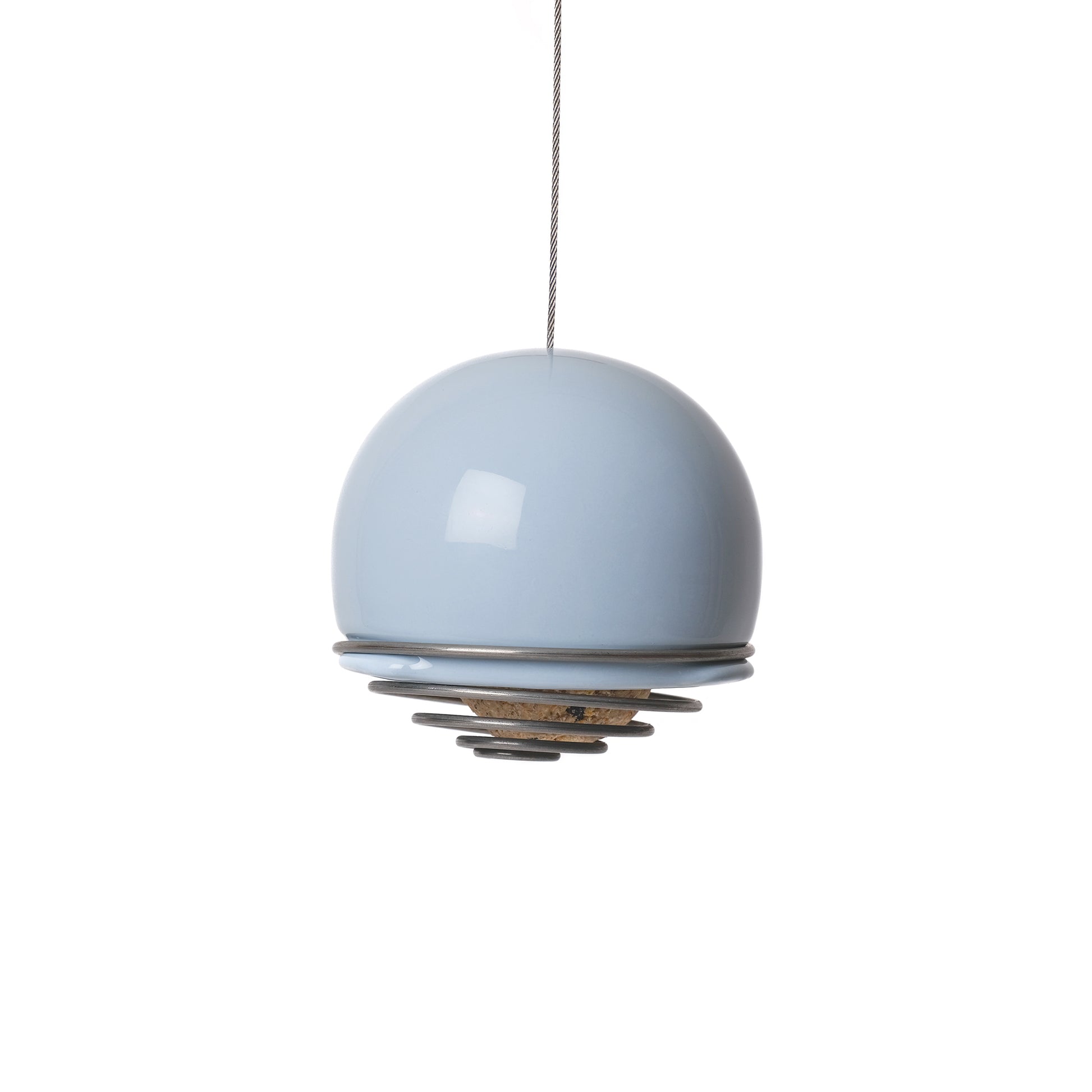 Hanging ceramic Birdball Belle bird feeder in light blue with a coiled wire single suet ball holder at its base.