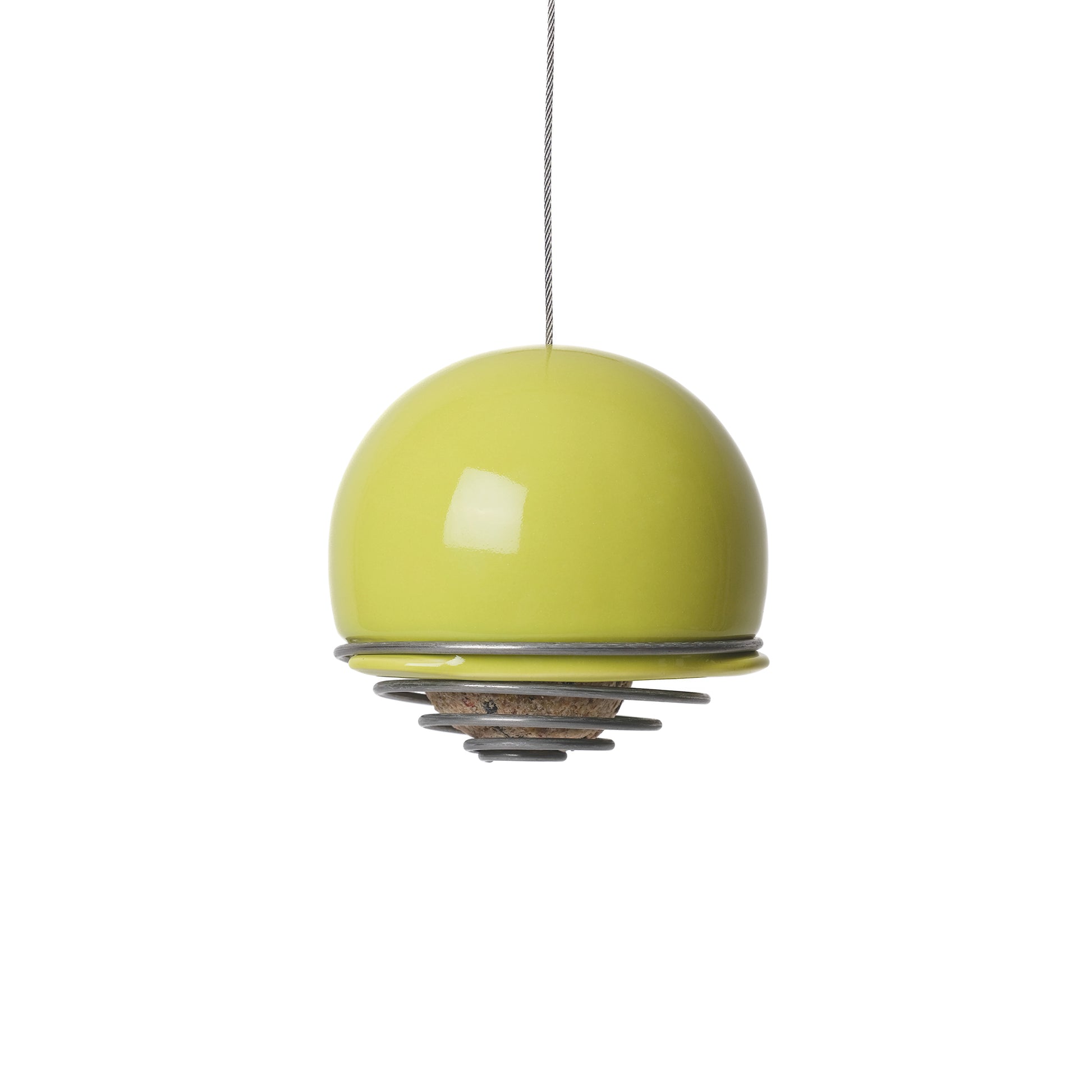 Hanging ceramic Birdball Belle bird feeder in  lime with a coiled wire single suet ball holder at its base.
