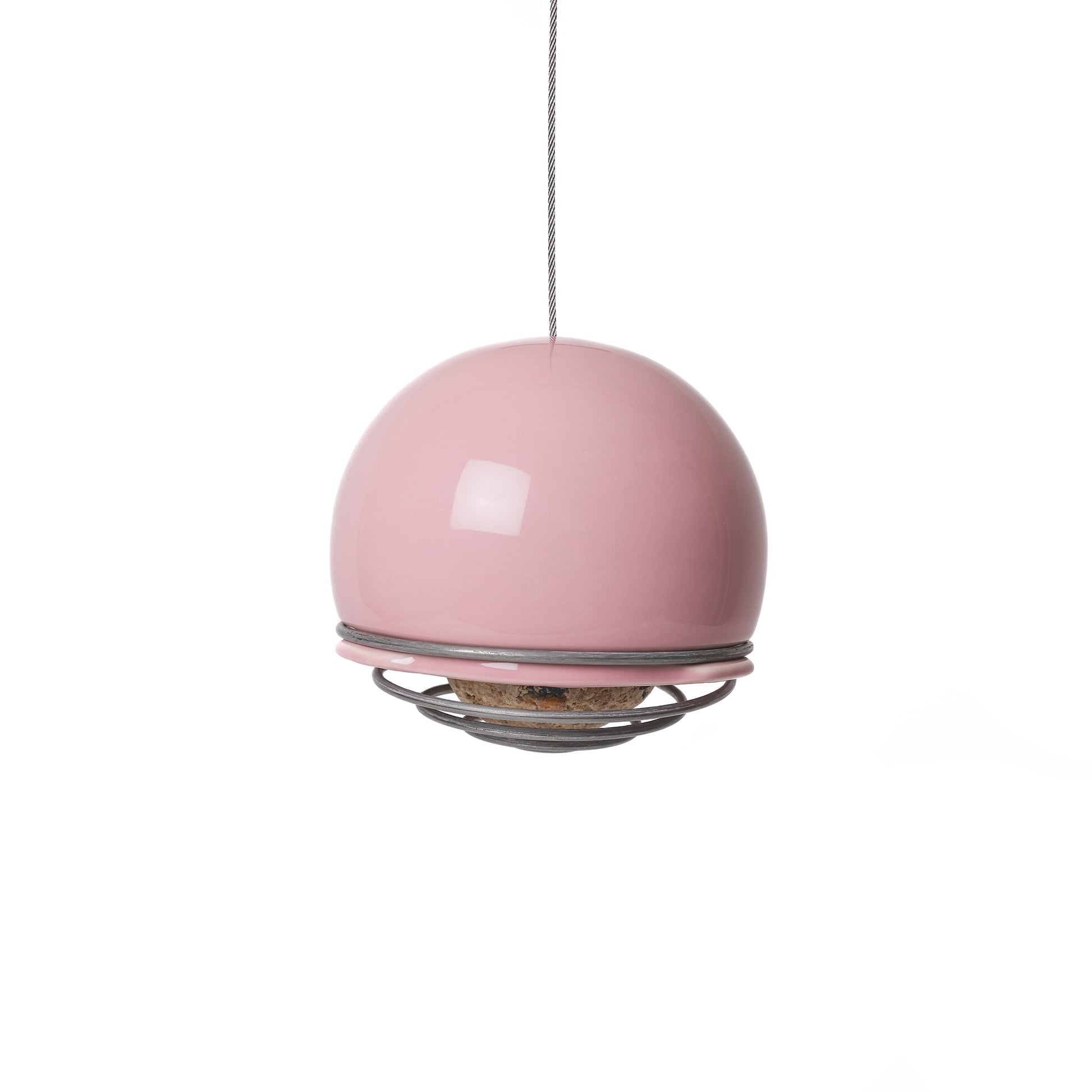 Hanging ceramic Birdball Belle bird feeder in pink with a coiled wire single suet ball holder at its base.