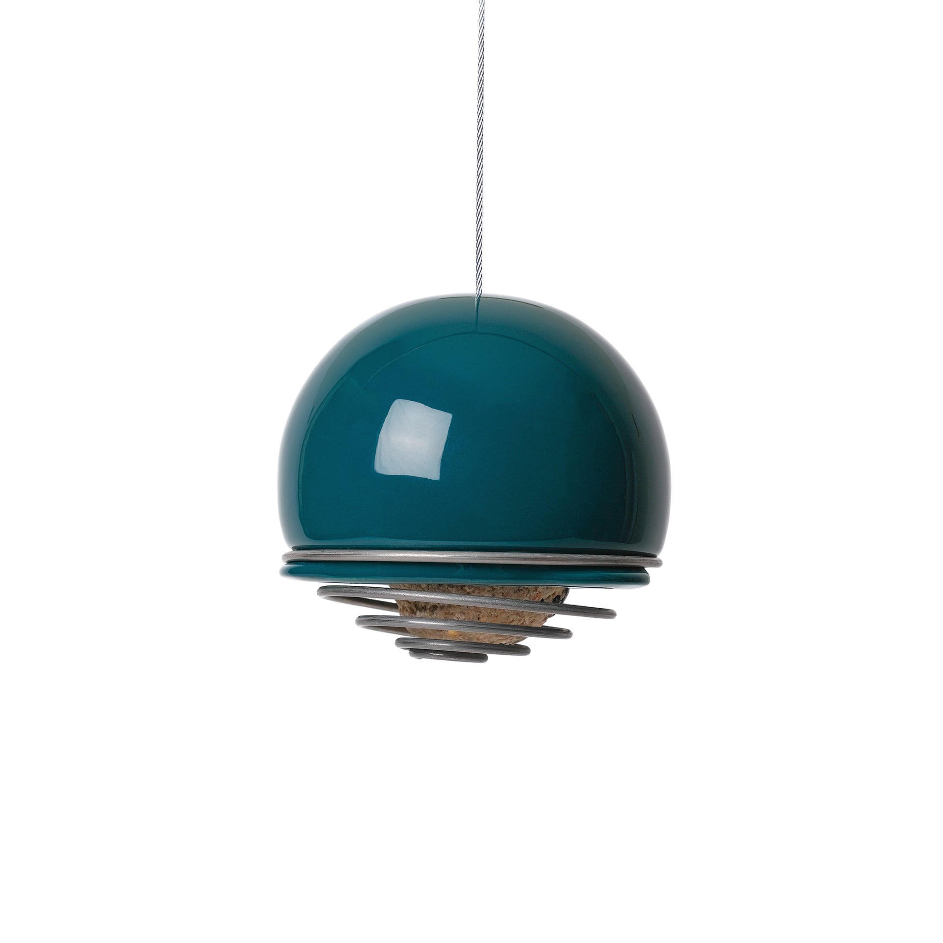 Hanging ceramic Birdball Belle bird feeder in teal with a coiled wire single suet ball holder at its base.