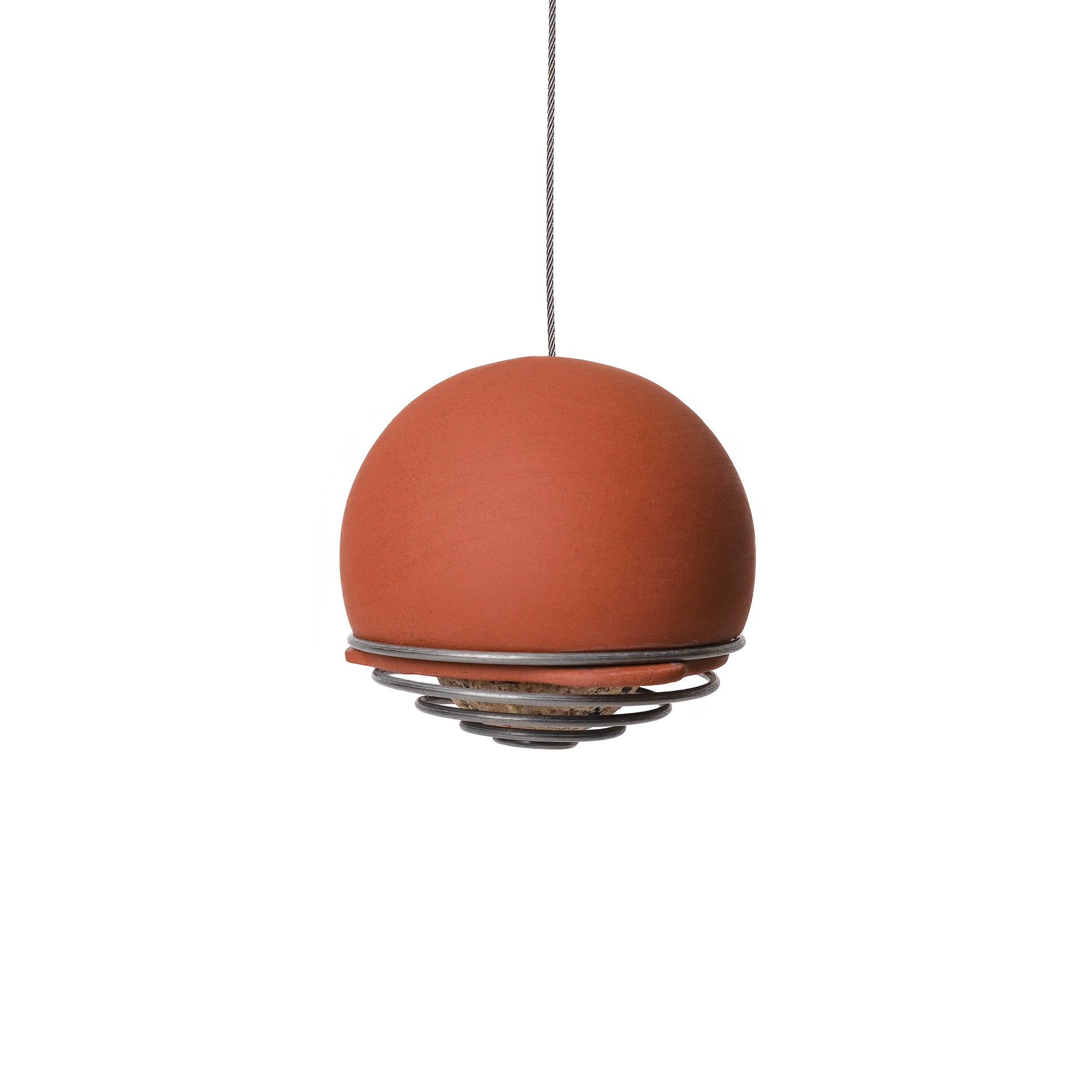 Hanging ceramic Birdball Belle bird feeder in terracotta with a coiled wire single suet ball holder at its base.