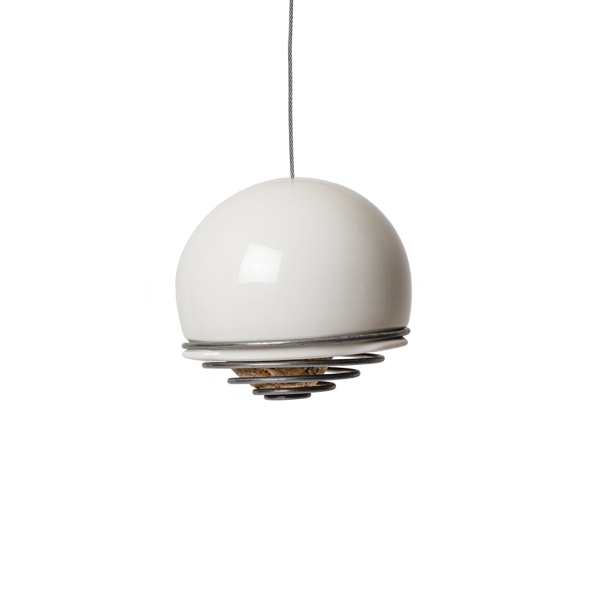 Hanging ceramic Birdball Belle bird feeder in white with a coiled wire single suet ball holder at its base.