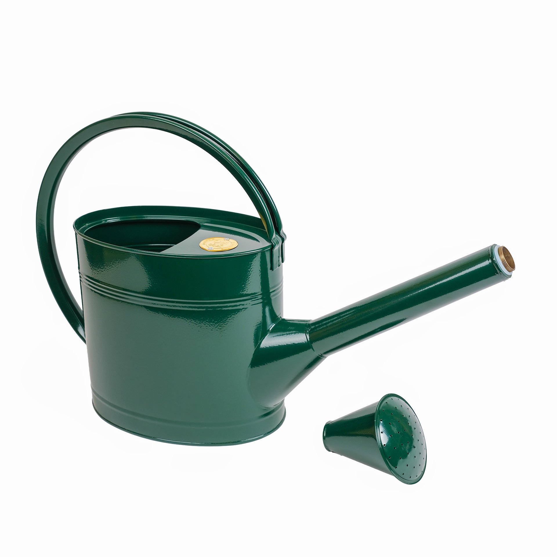 5 litre watering can in British Racing Green with its rose unscrewed and placed beside it.