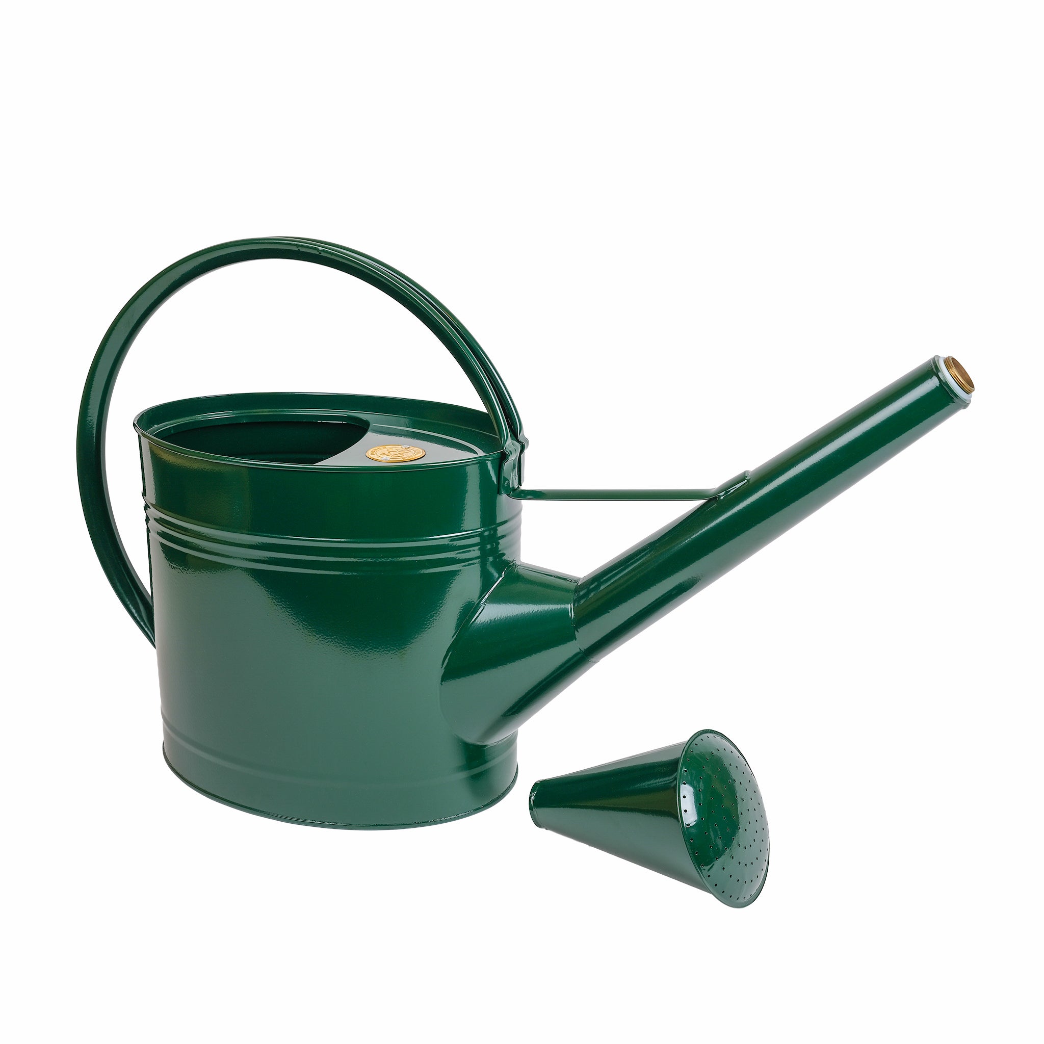 9 litre watering can in British Racing Green with its rose unscrewed and placed beside it.