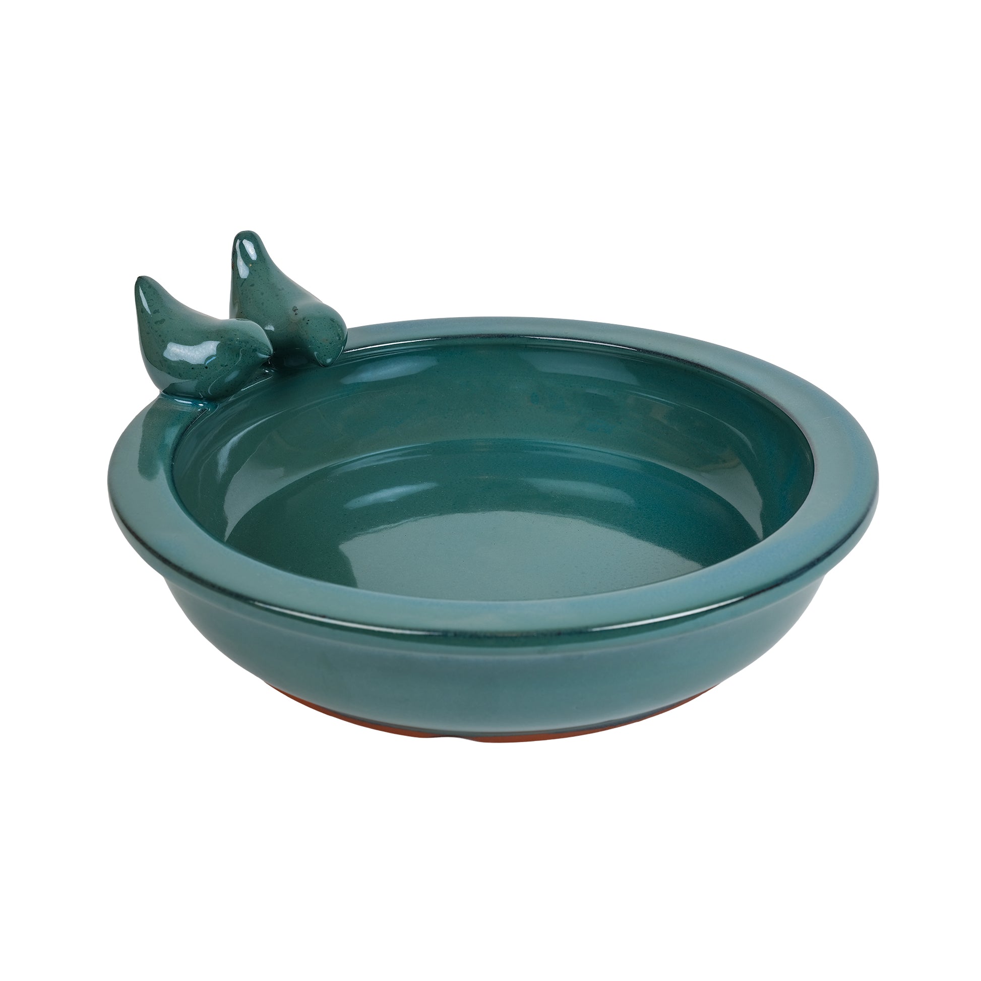 Ceramic bird bath in blue. Features two ceramic birds perched on the edge of the bath.
