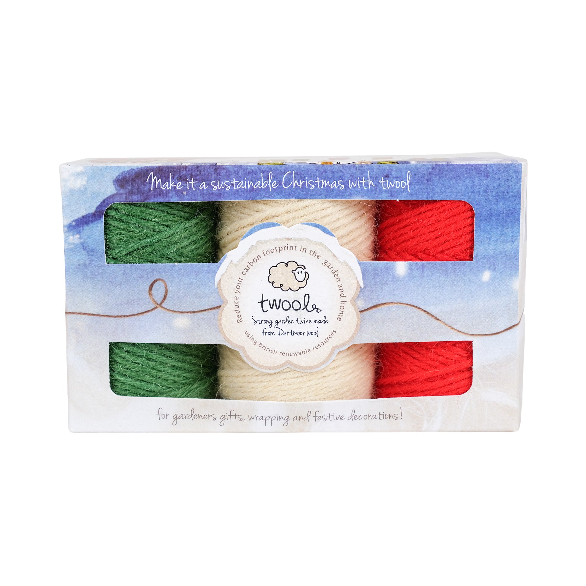 Gift box containing three, thirty five metre spools of wool twine in christmas colours.
