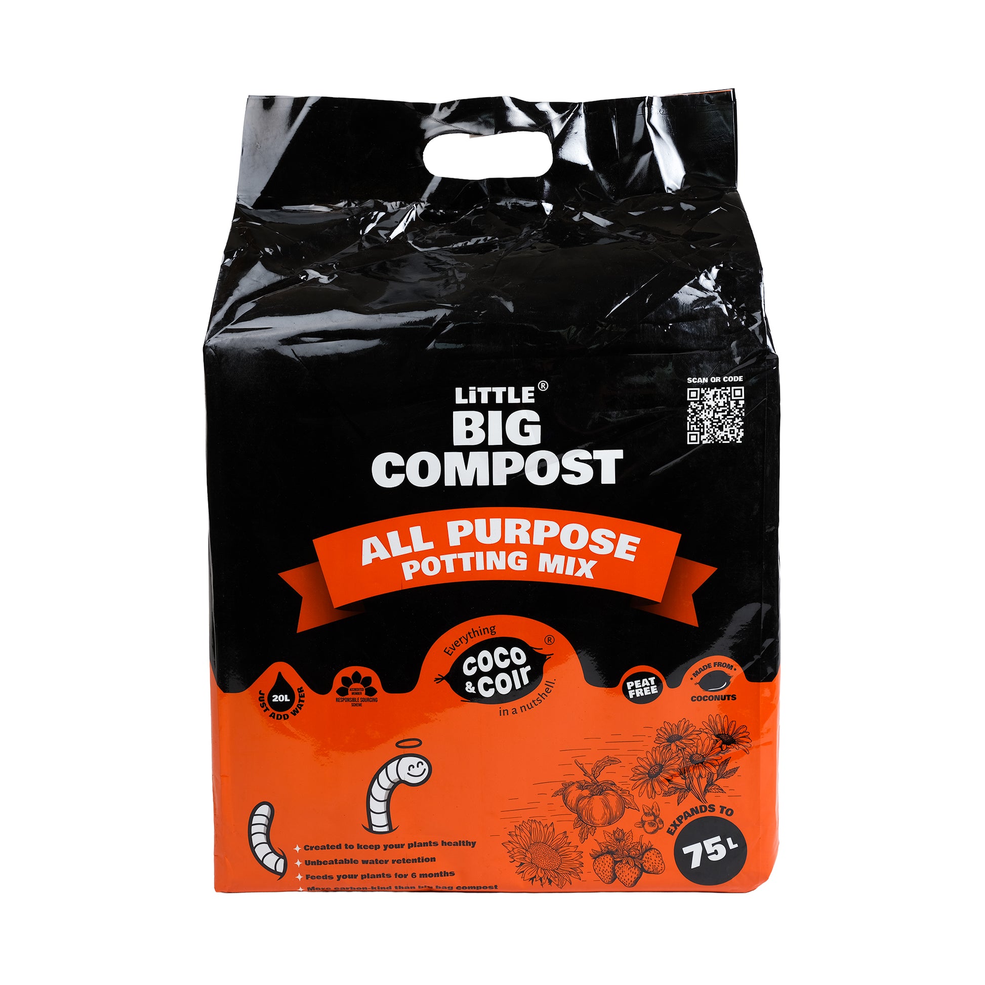 Bag of 75L, peat free, all purpose, coir compost by coco and coir.