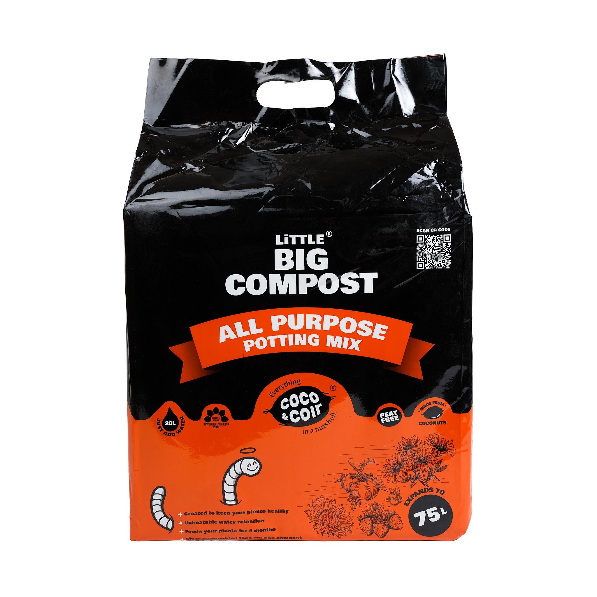 Bag of 75L, peat free, all purpose, coir compost by coco and coir.