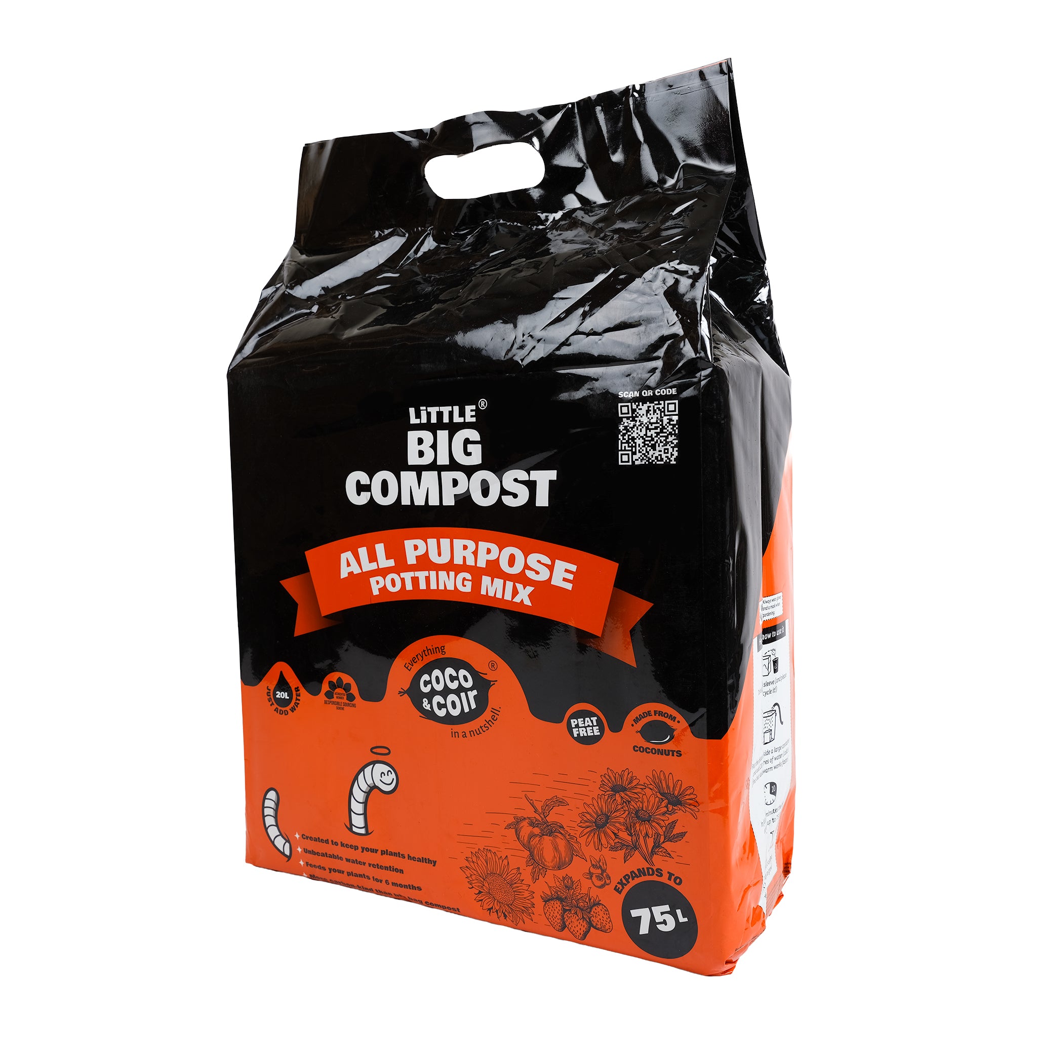Bag of 75L, peat free, all purpose, coir compost by coco and coir. View from the side.