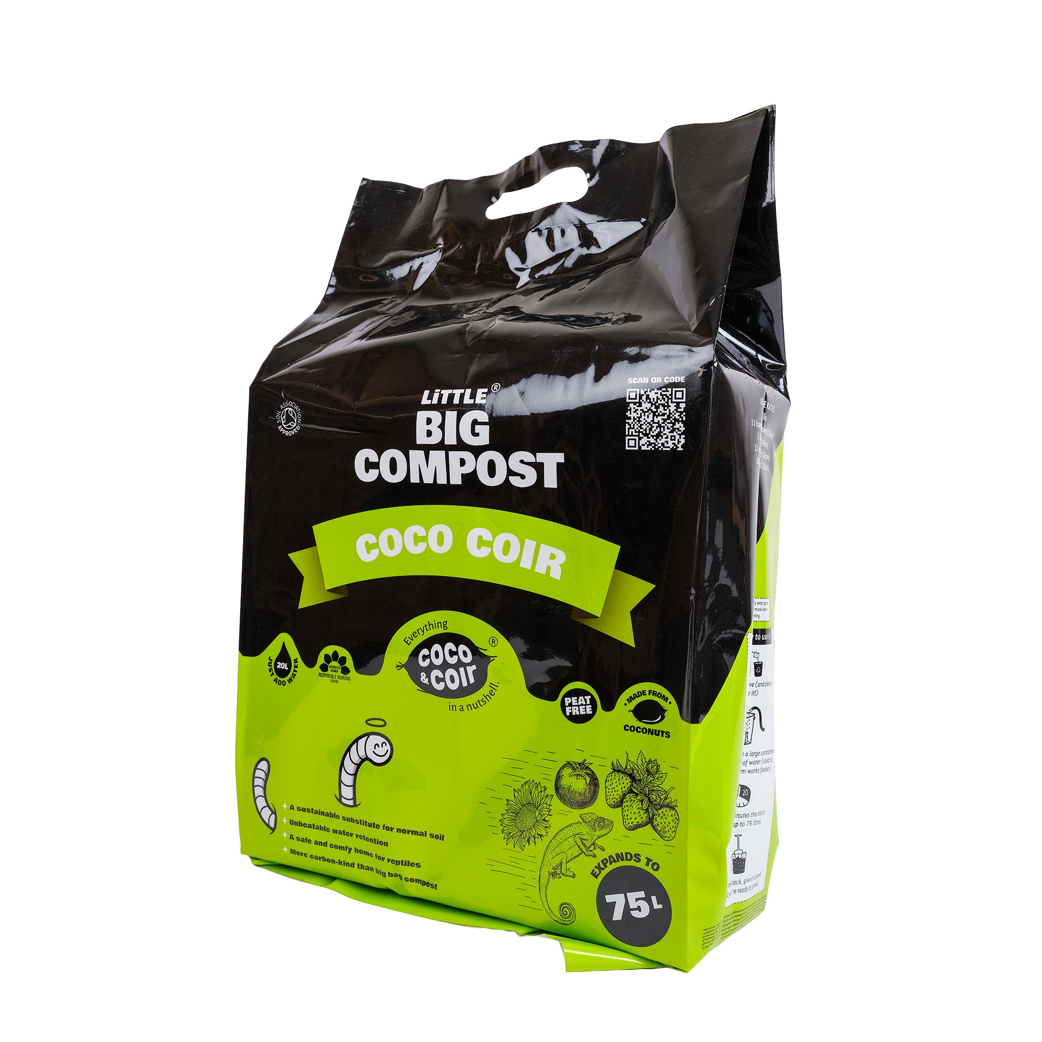 Bag of 75L, peat free, organic coir compost by coco and coir. View from the side.