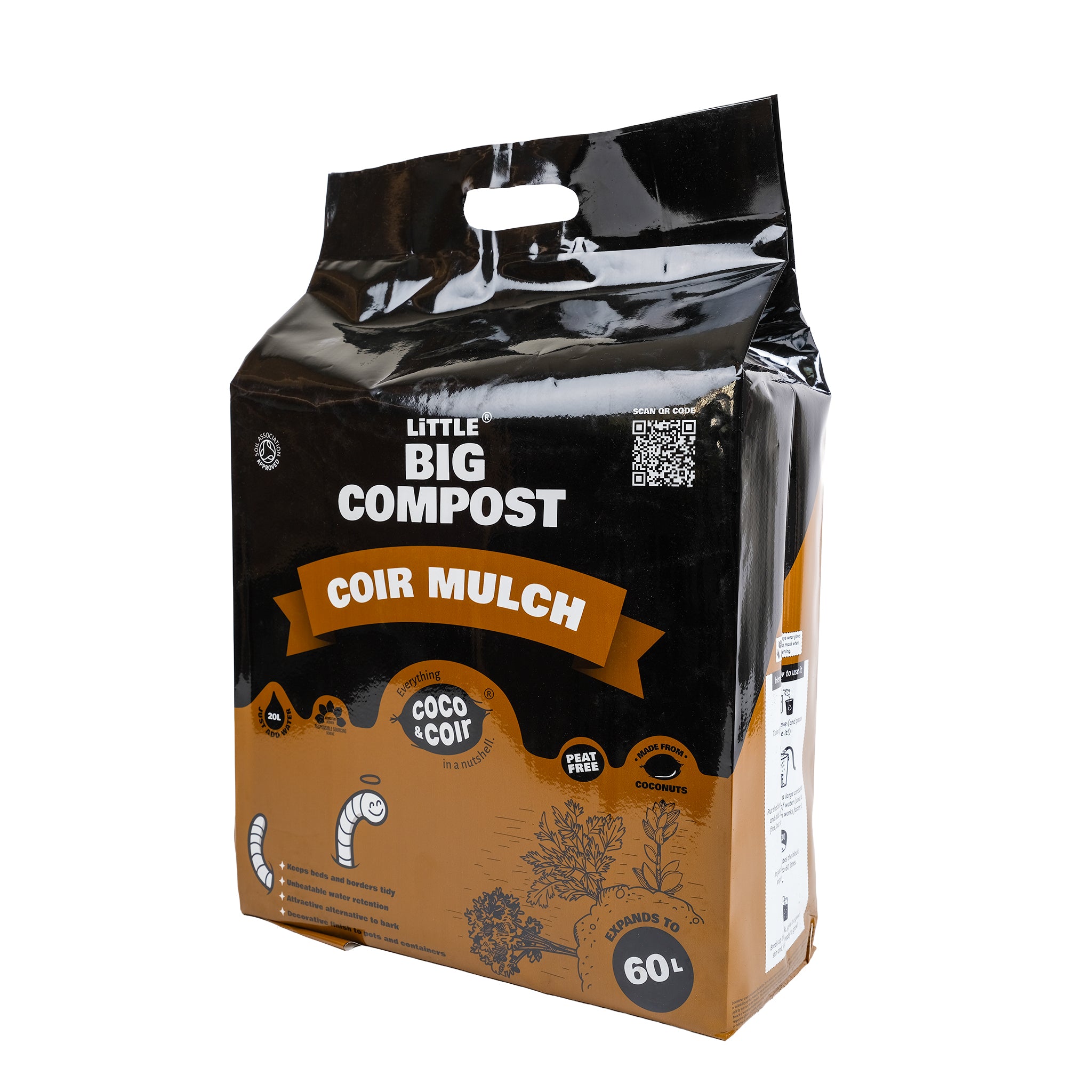 Bag of 60L, peat free, organic coir mulch by coco and coir. View from the side.