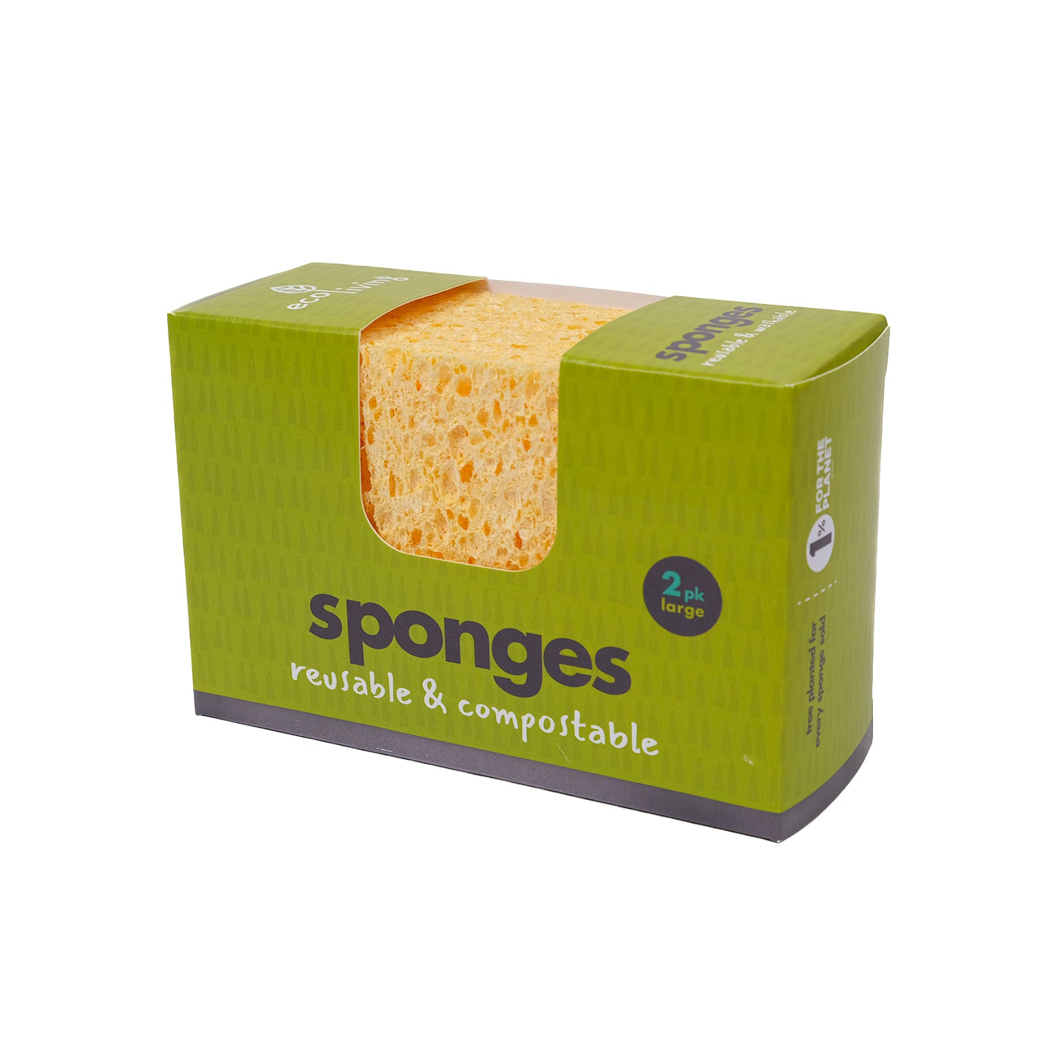 Two large, compostable sponges in a cardboard pack.