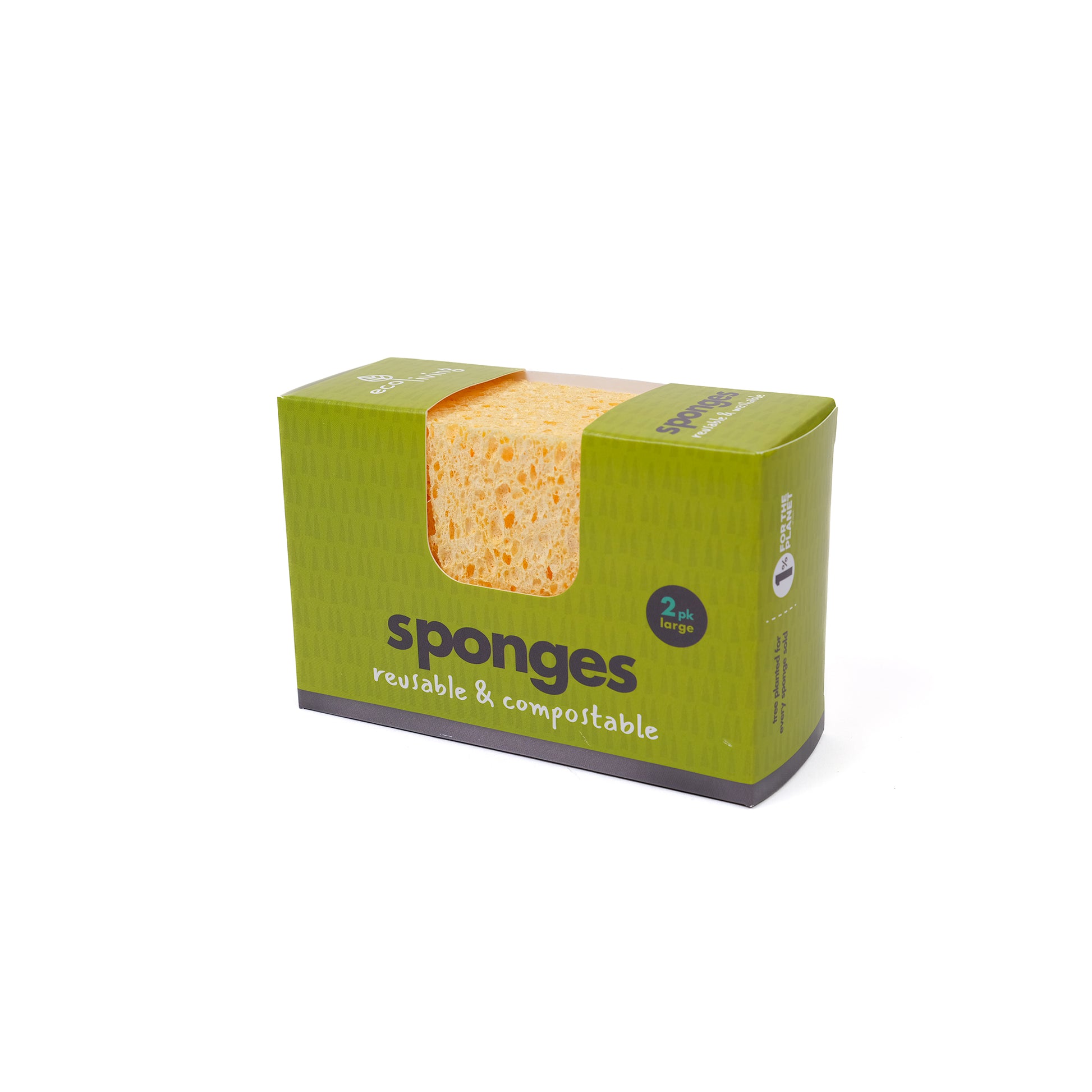 Two large compostable sponges made of natural materials in a cardboard pack.