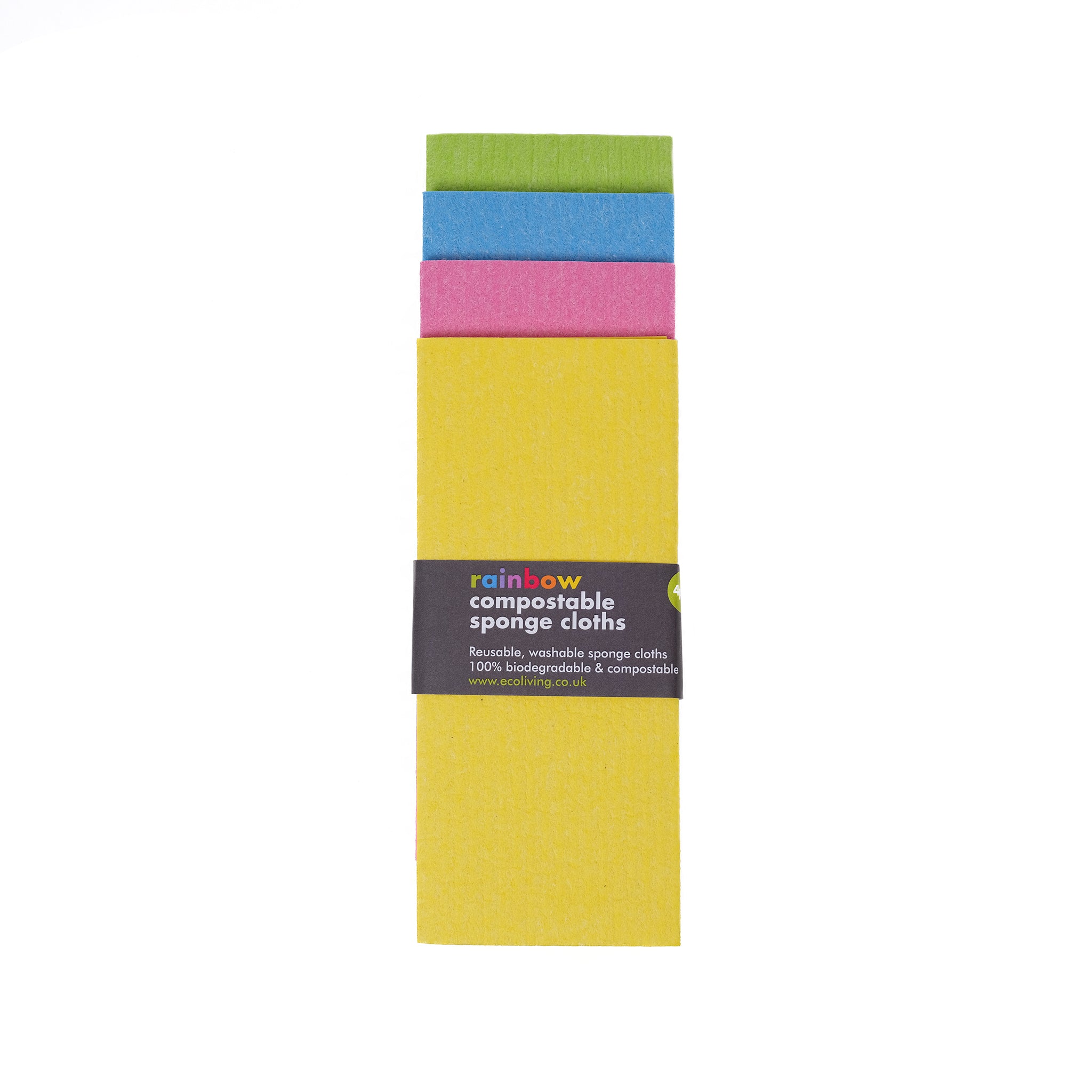 Pack of four plastic free compostable sponge cloths in a variety of colours.