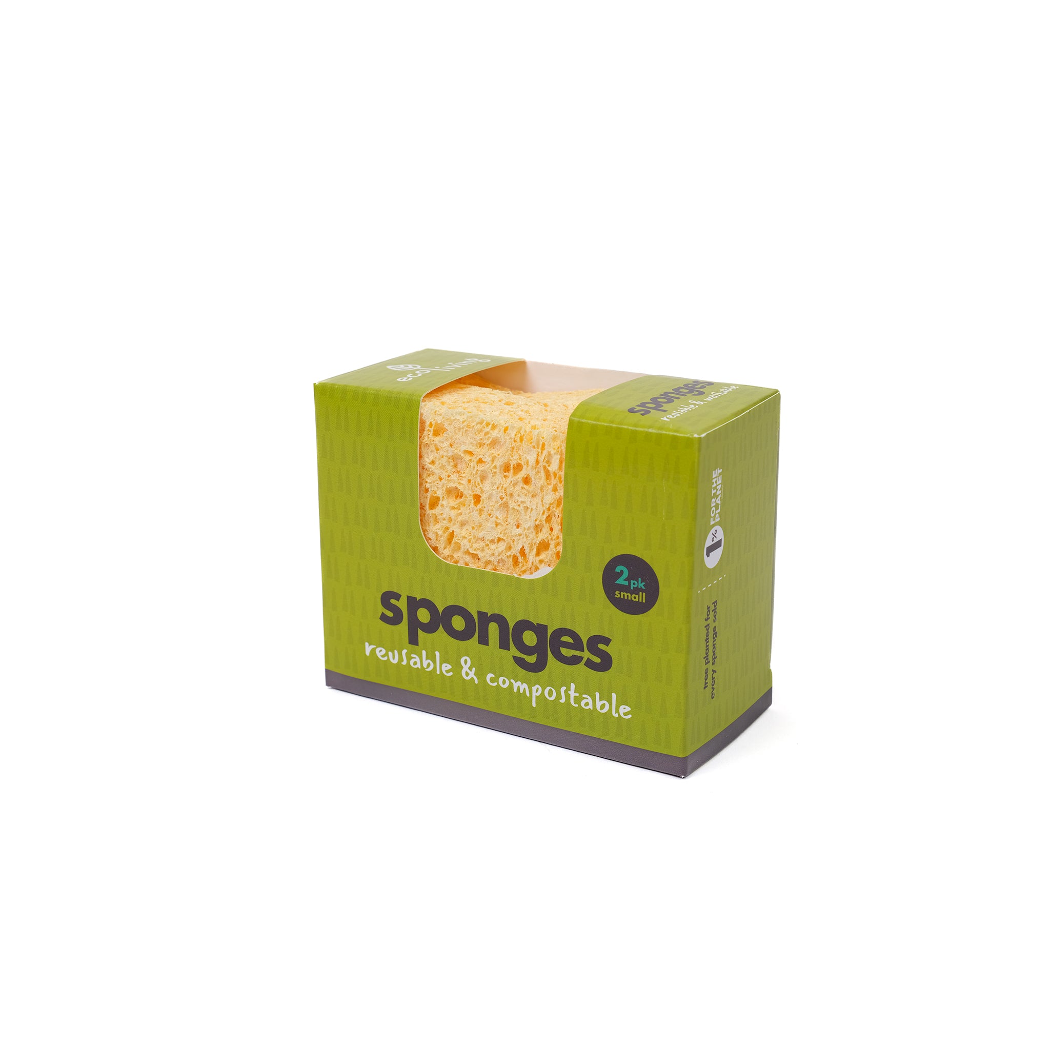 Two small compostable sponges made of natural materials in a cardboard pack.