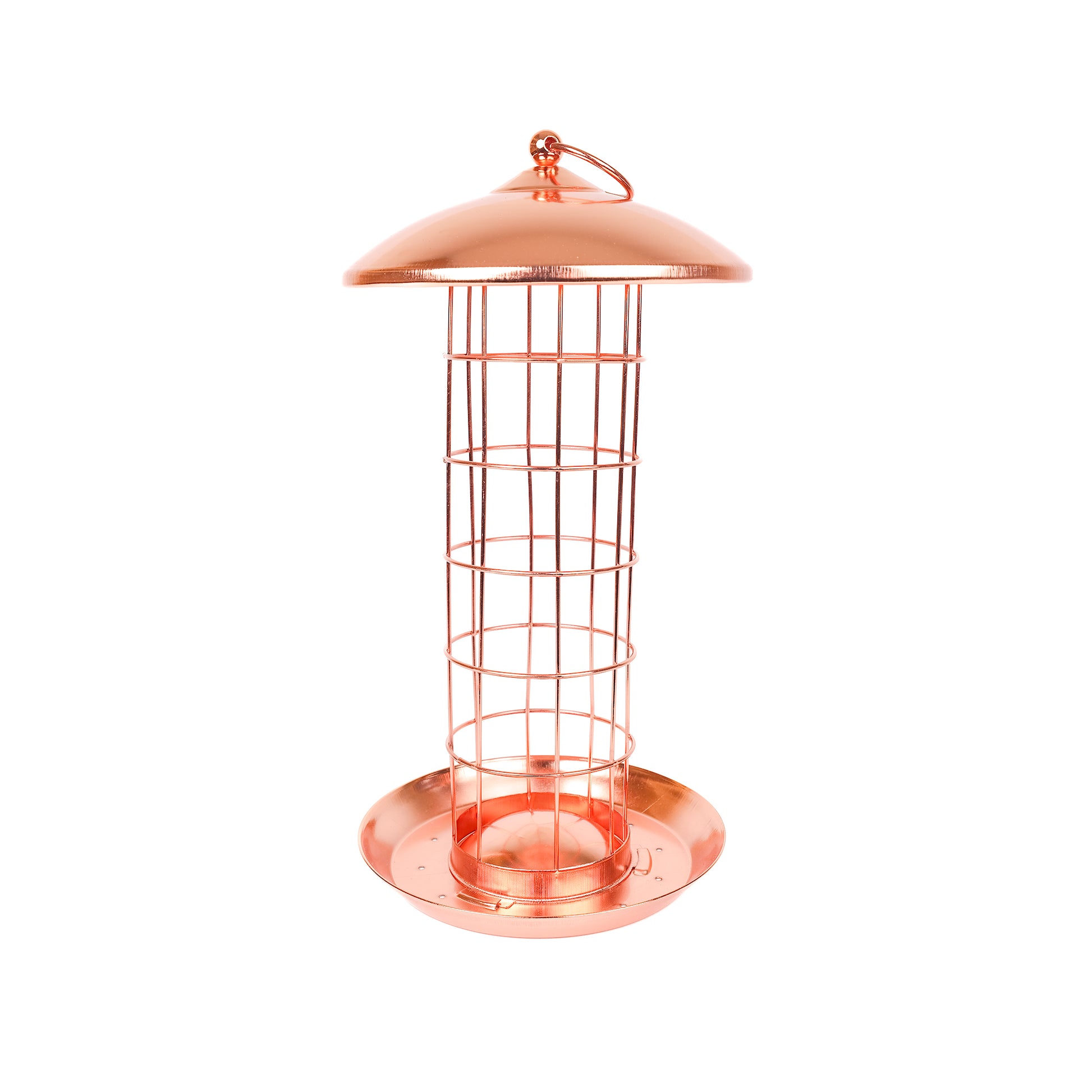 Copper plated suet ball bird feeder.