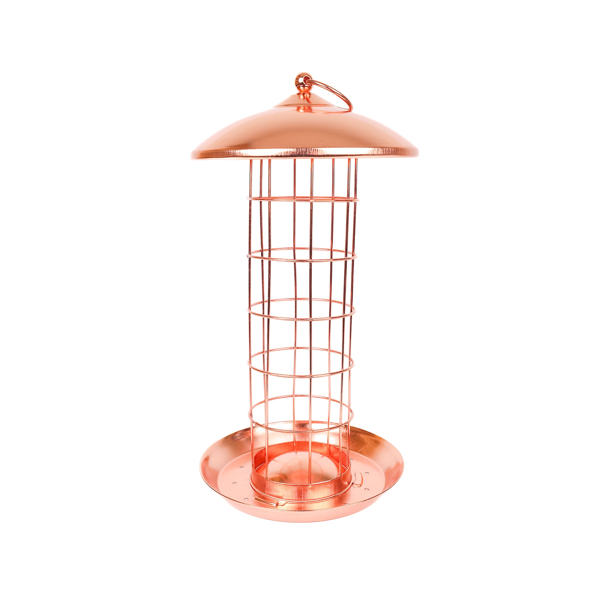 Copper plated suet ball bird feeder.