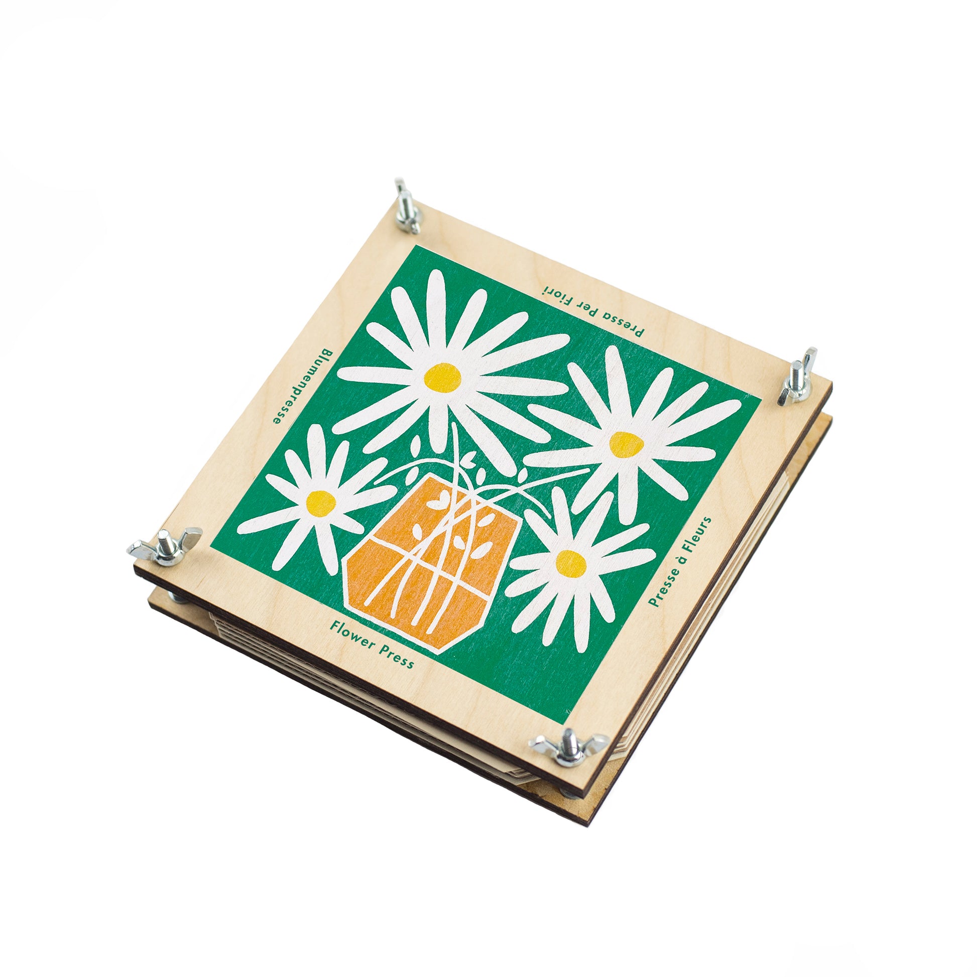 Daisy design flower press made of sustainably sourced board.