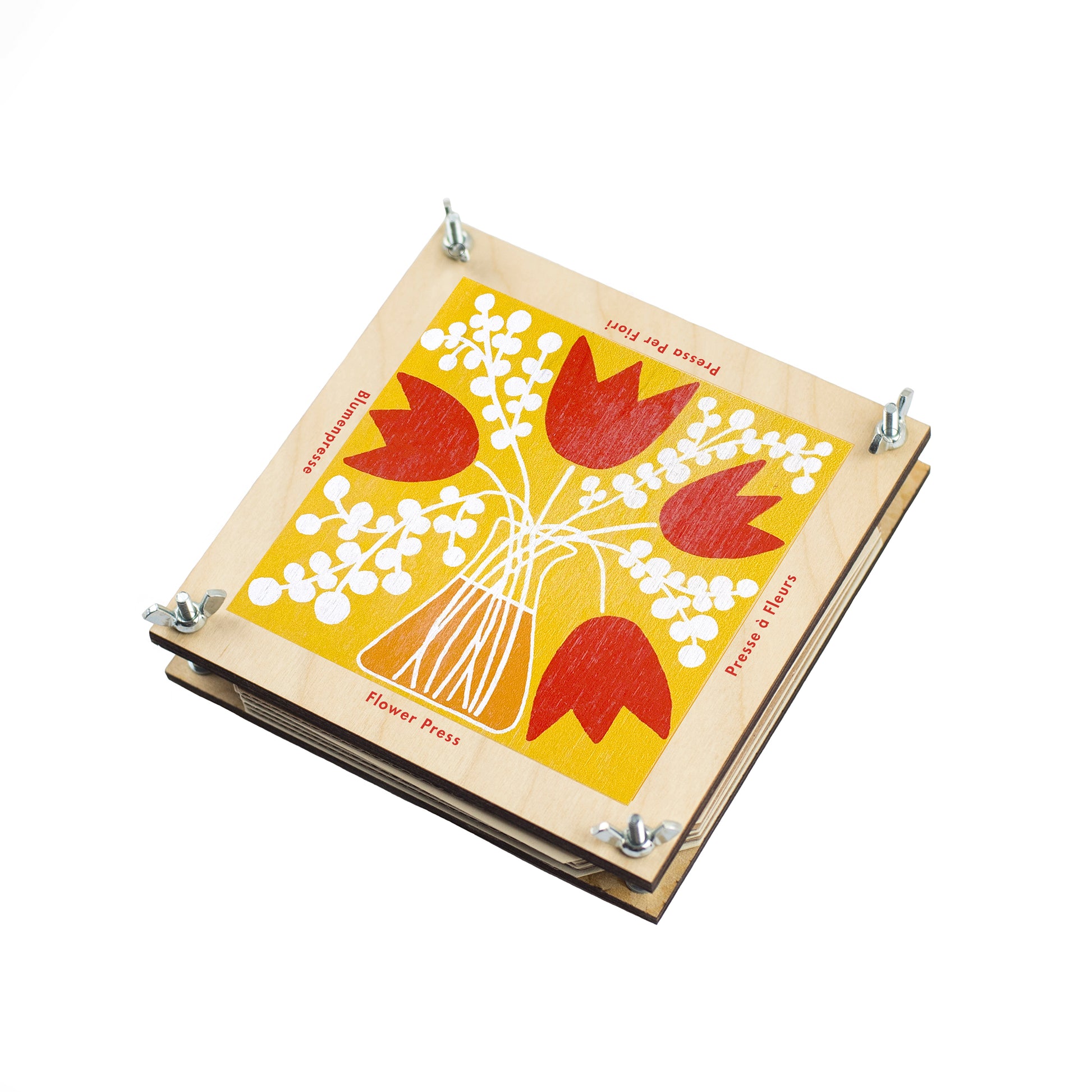 Tulip design flower press made of sustainably sourced board.