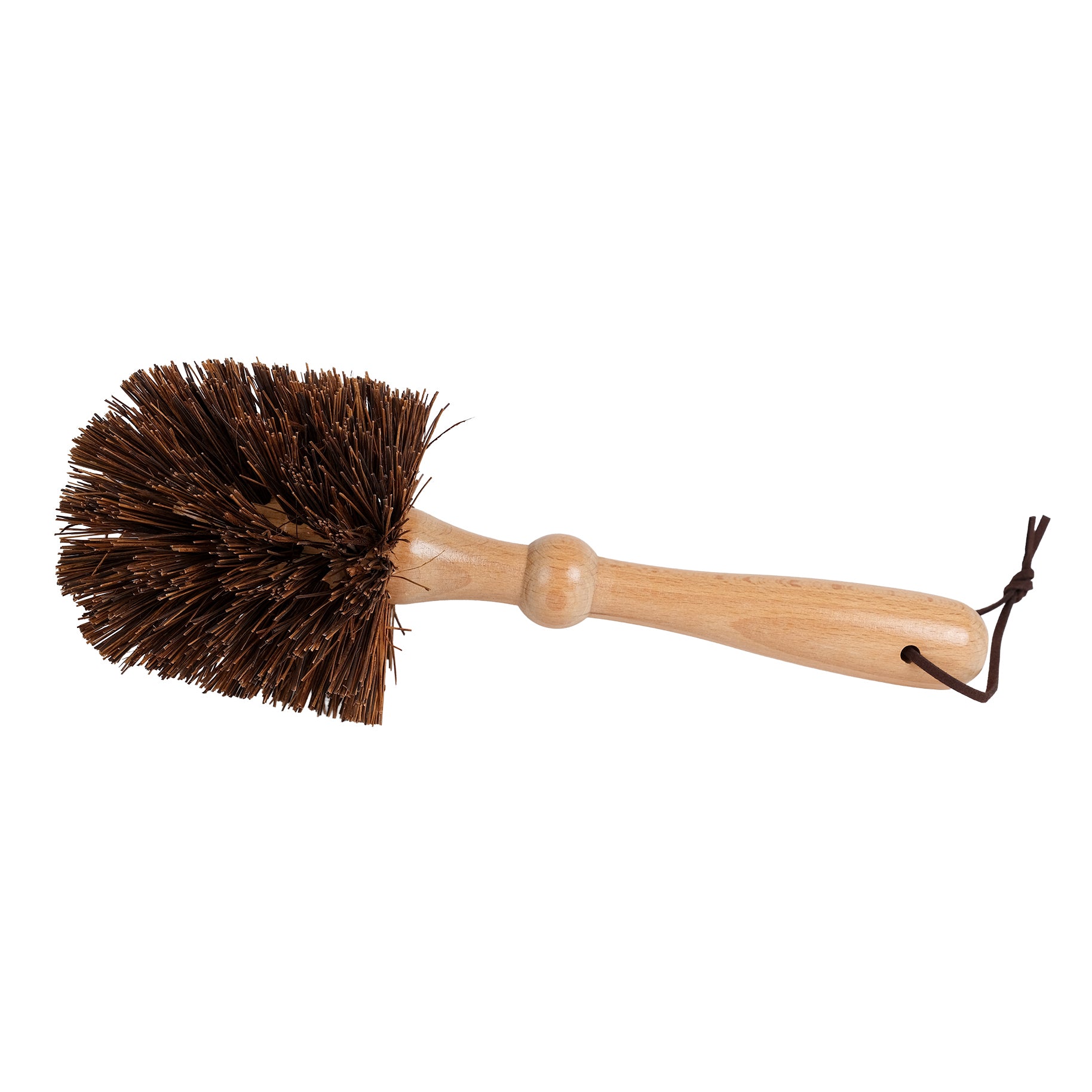 Wooden flowerpot brush with natural bristles.