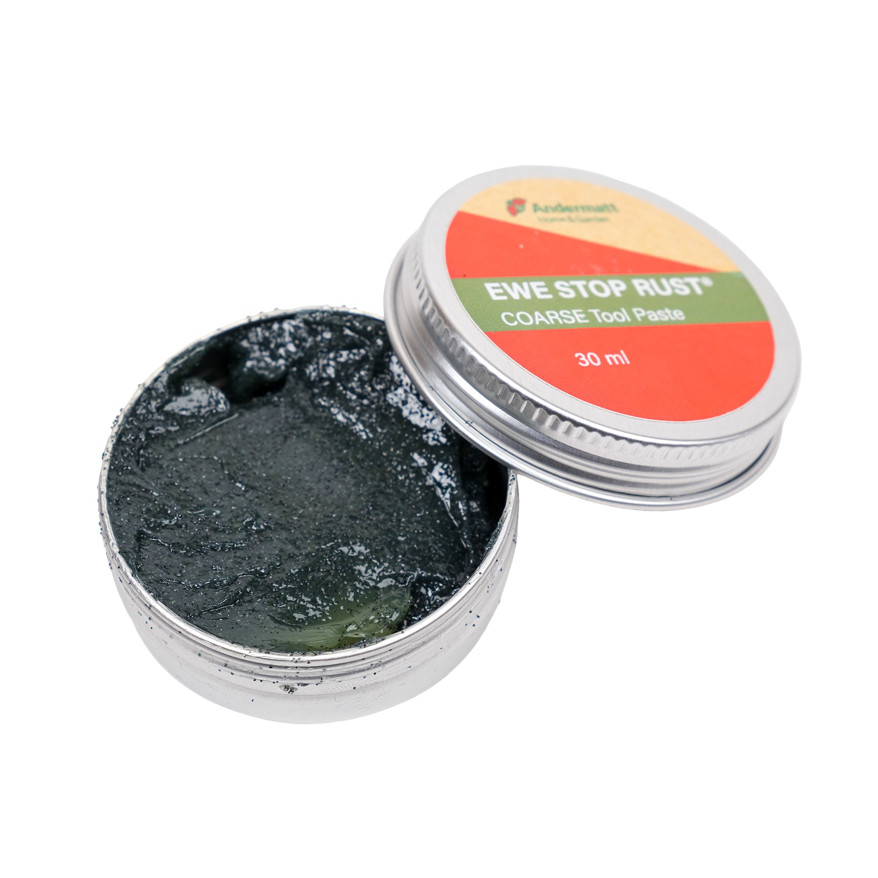 Tin of Garden Tool Cleaning Paste with lid open.