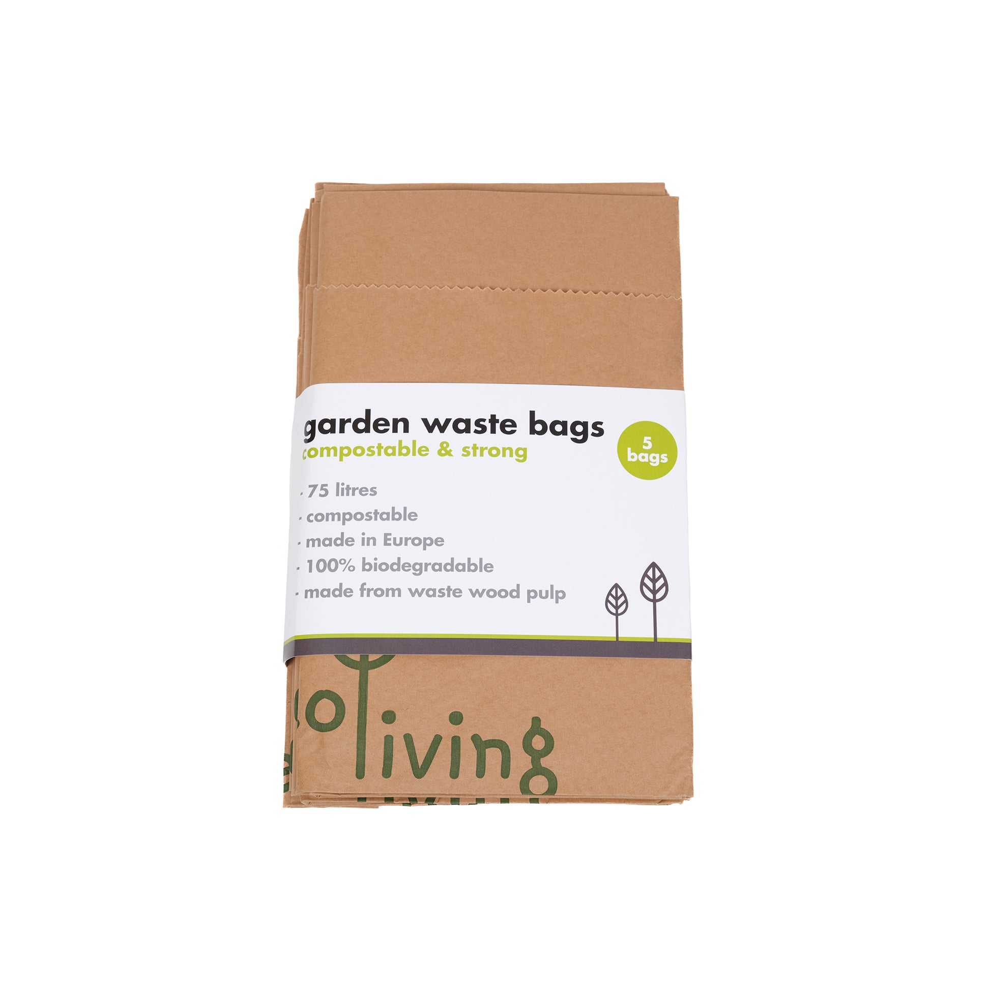 Pack of five extra strong seventy five litre brown paper garden waste bags.