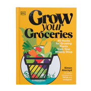 Book cover of 'Grow Your Groceries' with a shopping cart full of groceries on a yellow background.