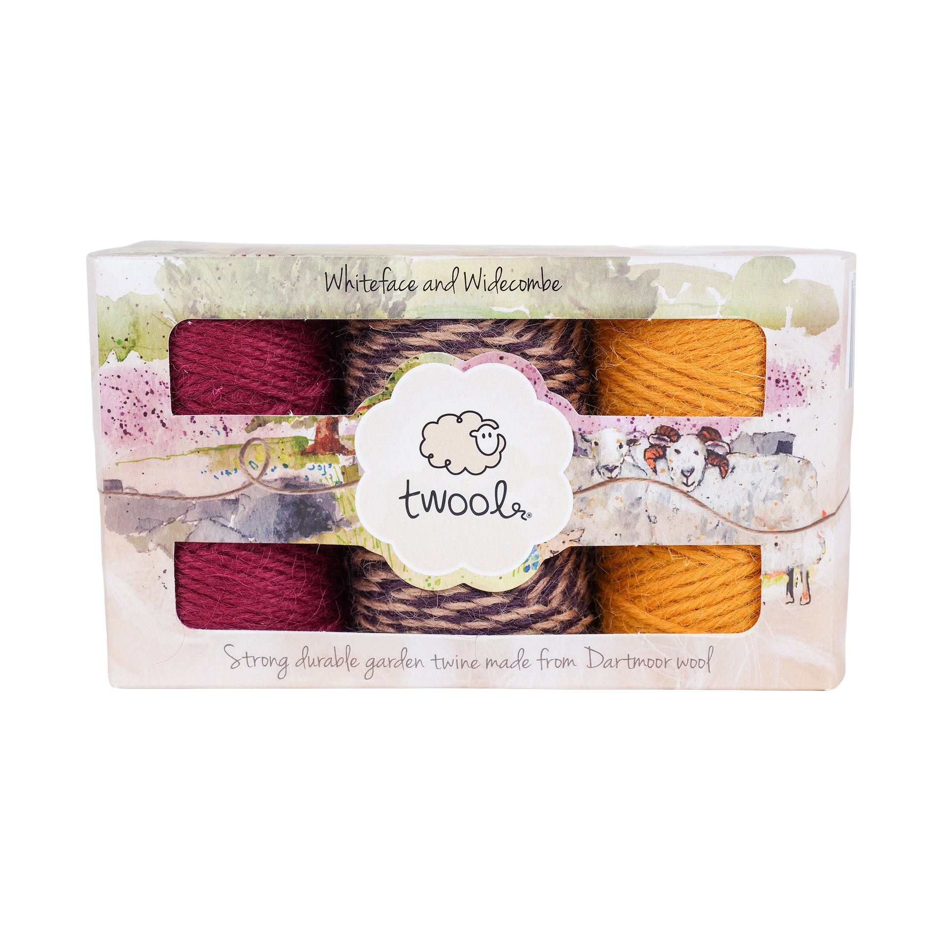 Gift box containing three, thirty five metre spools of wool twine in heather colours.